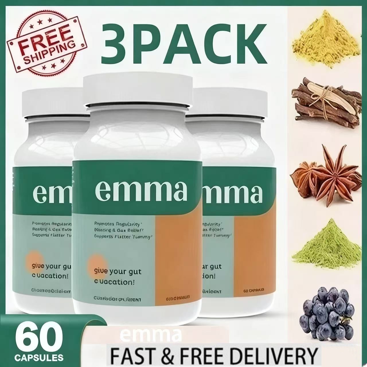 3 PACKS Emma Relief Supplement KONSCIENS KETO for Gut Bloating -180 Capsules USA
