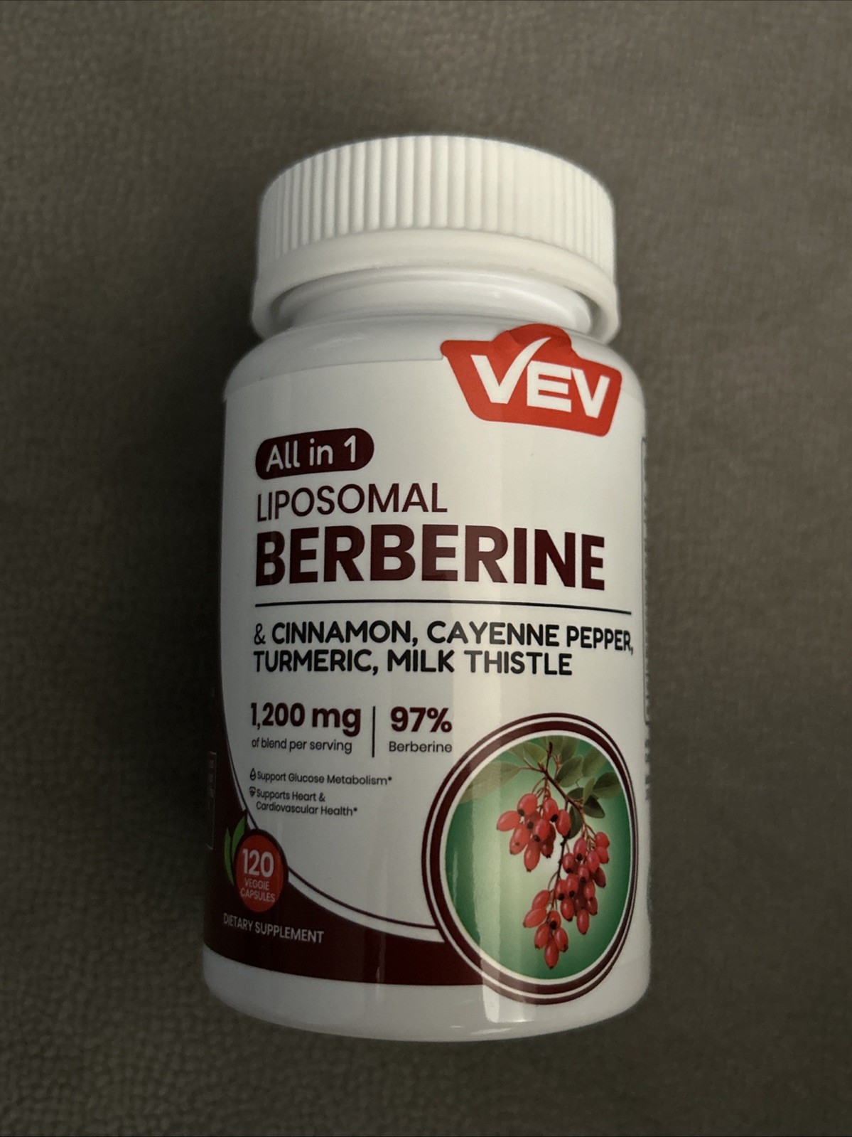 VEV Berberine Supplement Ceylon Cinnamon Cayenne Pepper Turmeric Milk Thistle