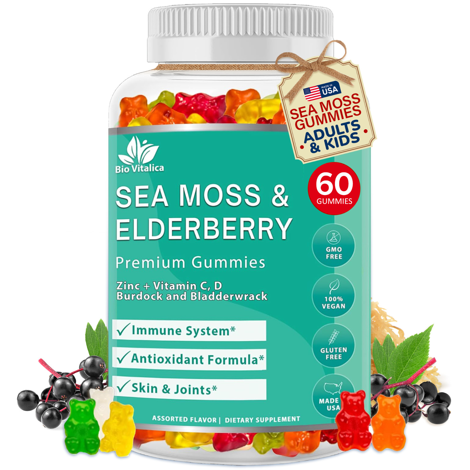 Sea Moss Gummies Elderberry BioVitalica – Vitamin C D + Zinc – Irish Seamoss