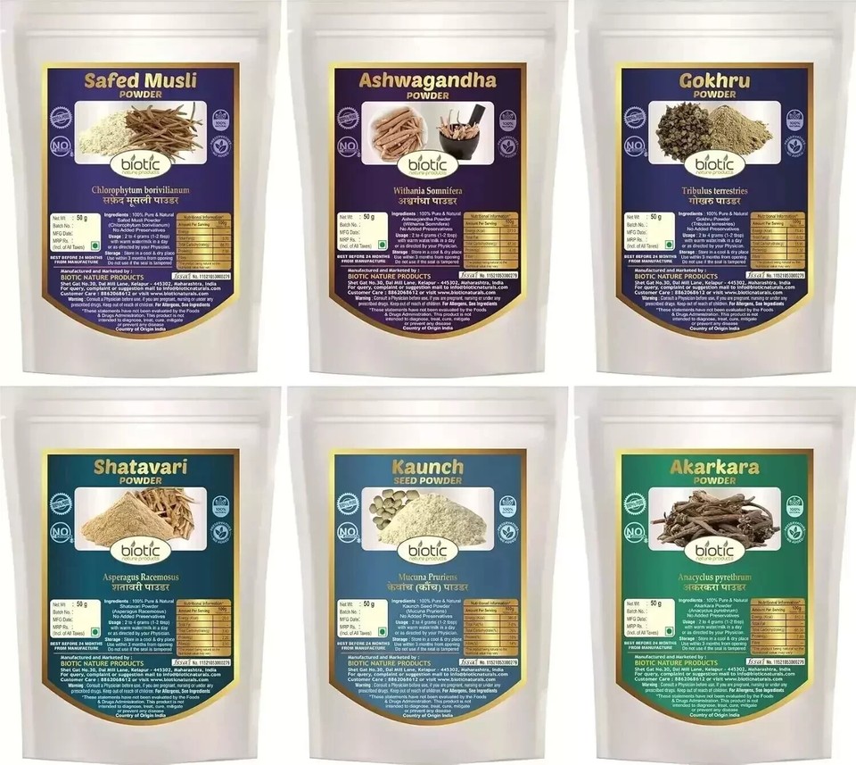 Safed Musli, Ashwagandha, Shatavari, Kaunch, Gokhru, Akarkara Powder
