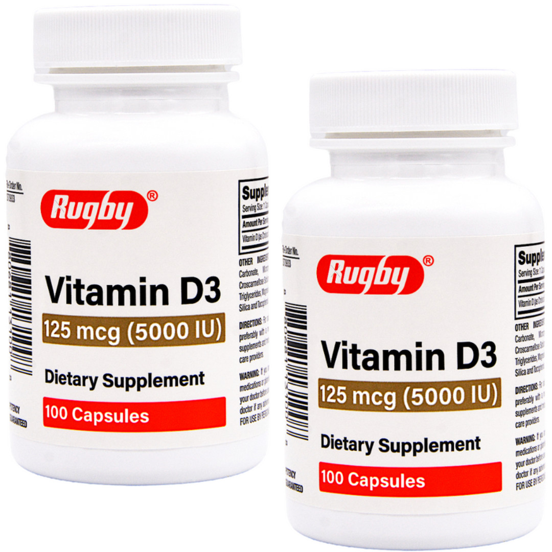 Rugby Vitamin D3 125 mcg (5000 IU) – 100 Capsules | Gluten Free (2-2026) – 2 PK