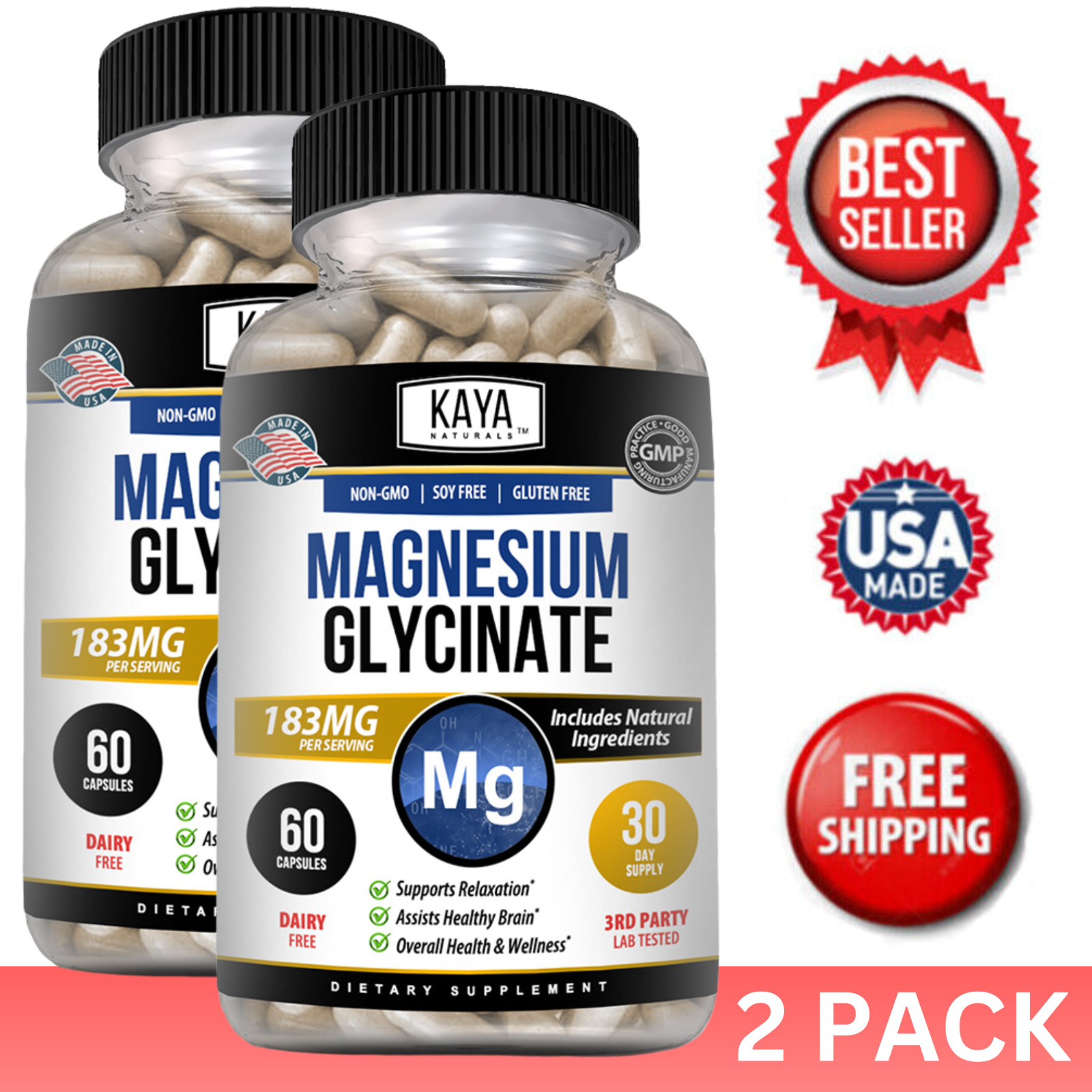 (2 Pack) Magnesium Glycinate 60ct Sleep Aid Cramp Relief Joint Bone Support