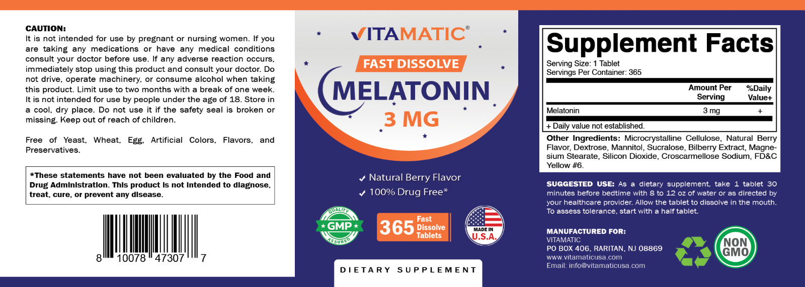 Vitamatic Melatonin 3mg Tablets | Vegetarian, Natural Berry Flavor – 730 Tablets