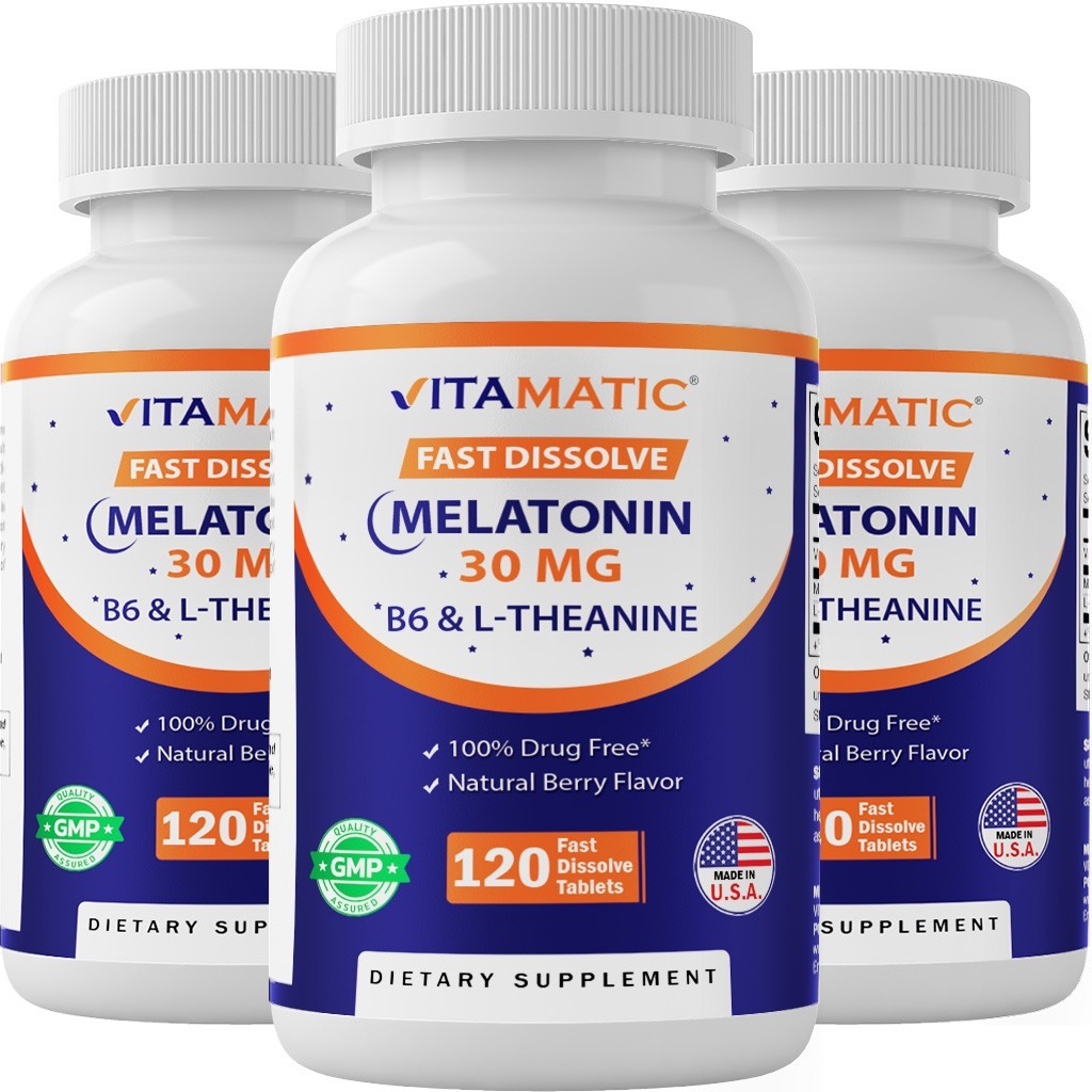 (3 Pack) Vitamatic Melatonin 30mg – with B6 & L-Theanine – 120 Tablets