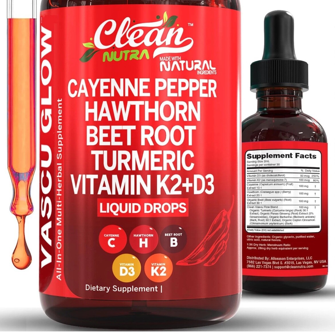 Clean Nutra Cayenne Pepper Drops Supplement Liquid + Hawthorn Berry, Vitamin D3