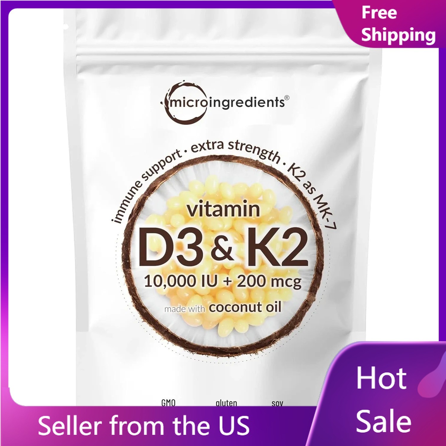 Vitamin D3 10,000 IU + K2 MK-7 200 mcg, 300 Softgels ,Easy to Swallow