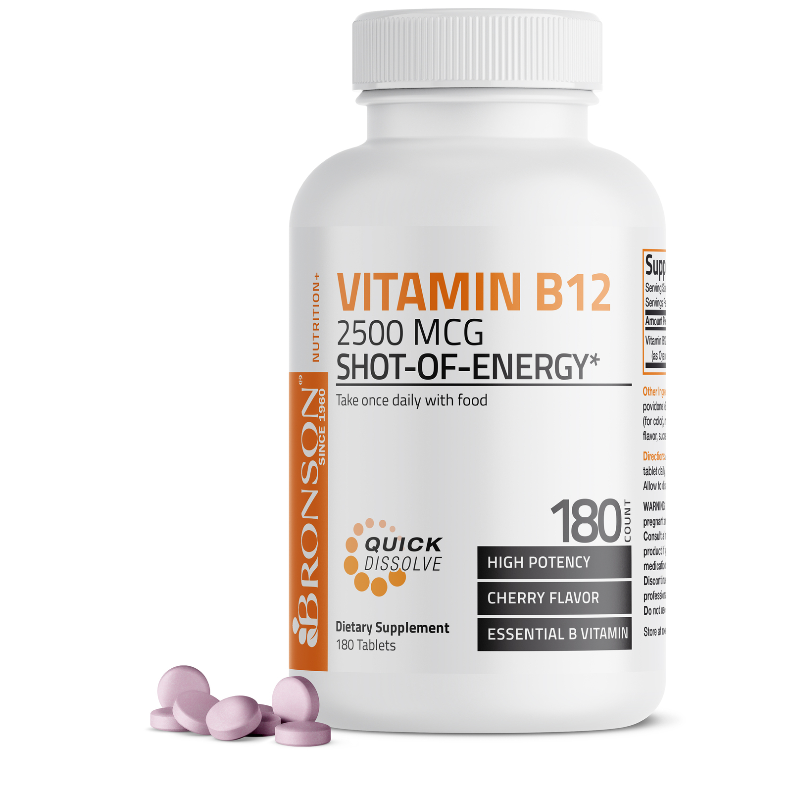 Vitamin B12 2500mcg Shot Of Energy Fast Dissolve Sublingual, 180 Cherry Tablets