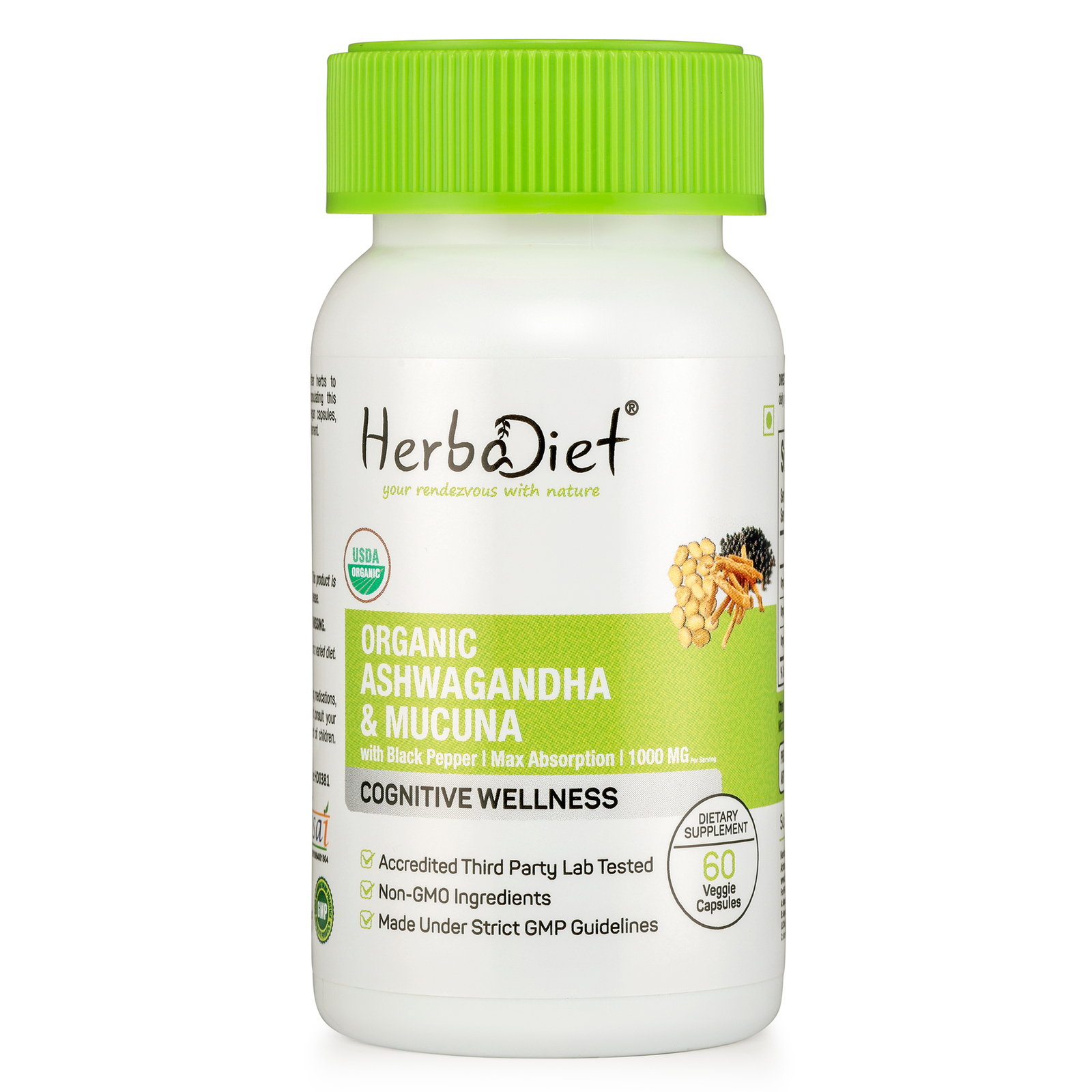 Organic Ashwagandha Capsules with Mucuna Stress Fatigue Anxiety Relief