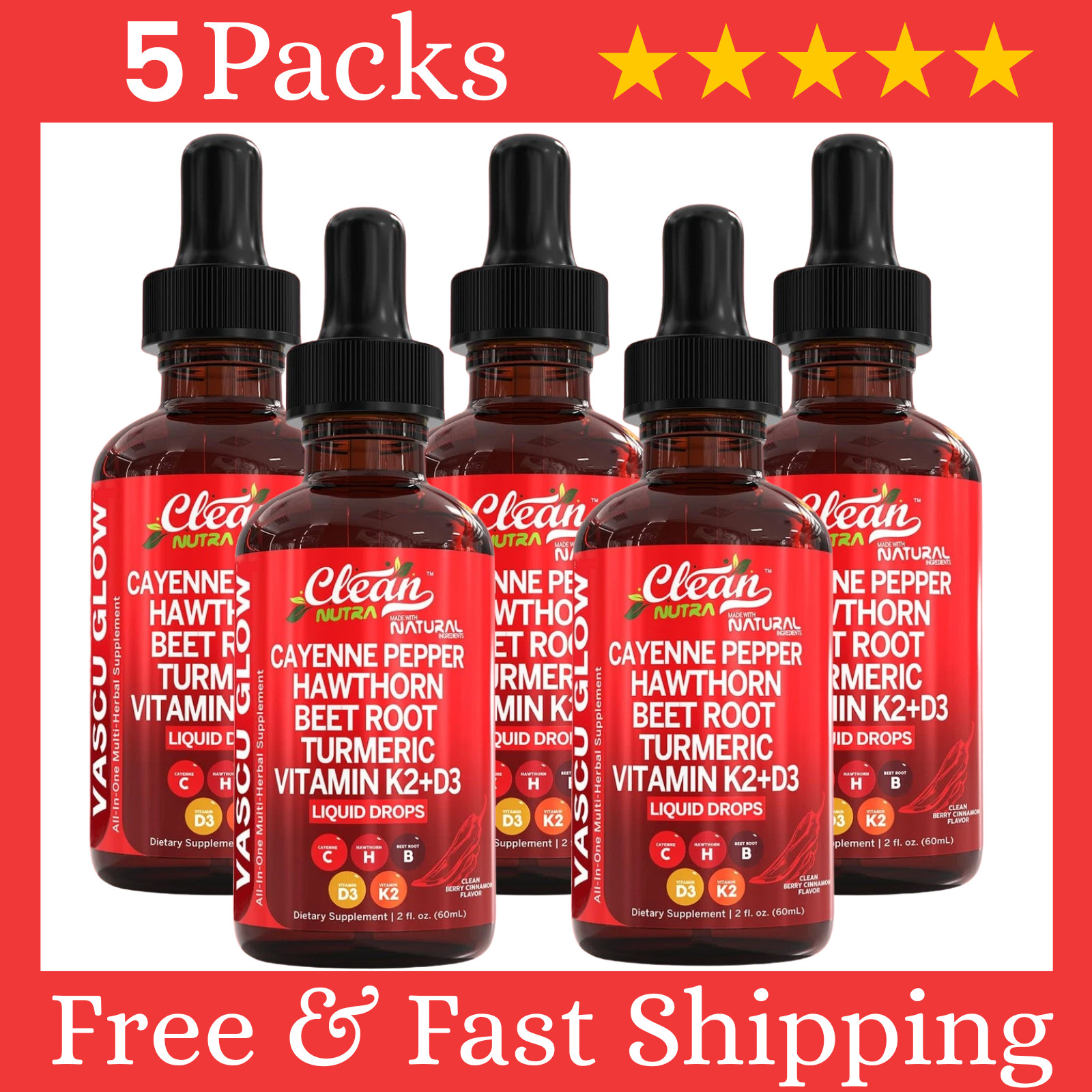 5Pack Cayenne Pepper Hawthorn Beet Root Turmeric Vitamin K2+D3 Liquid Drops 60ML