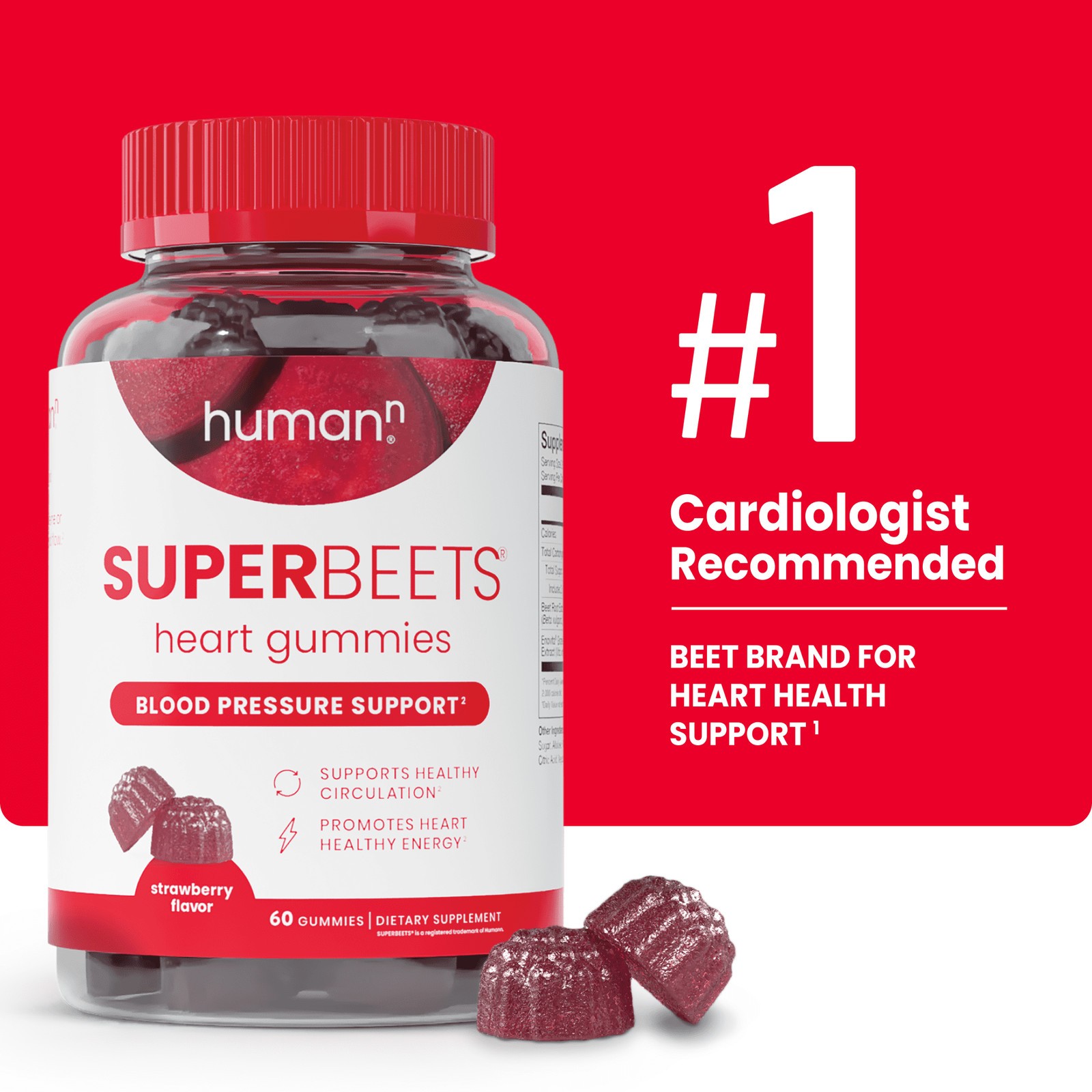 SuperBeets Strawberry Heart Gummies Beetroot & Grape Seed Extract 60 Count