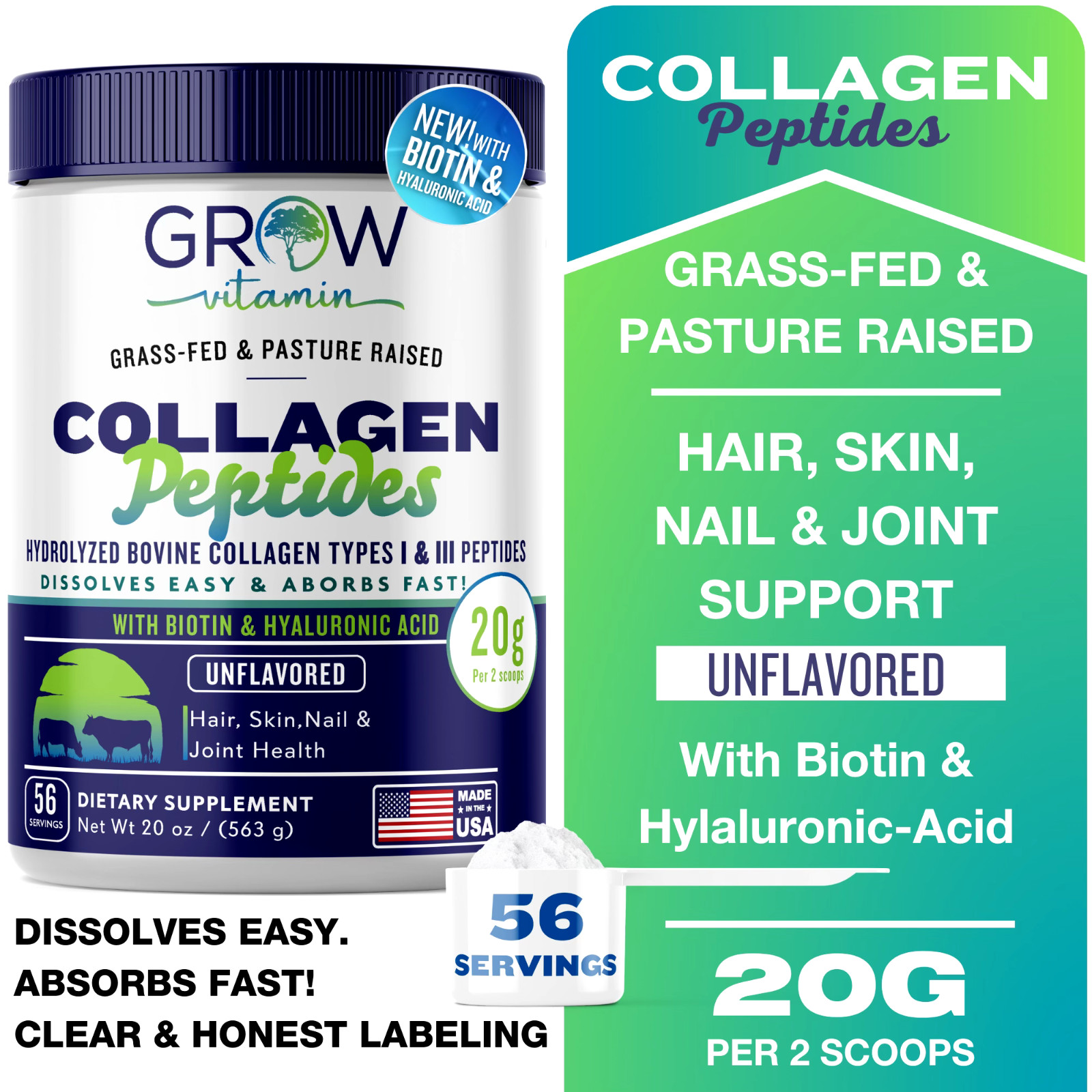 Collagen Powder by Grow Vitamin, Hydrolyzed Collagen Peptides  I & III, 1 LB