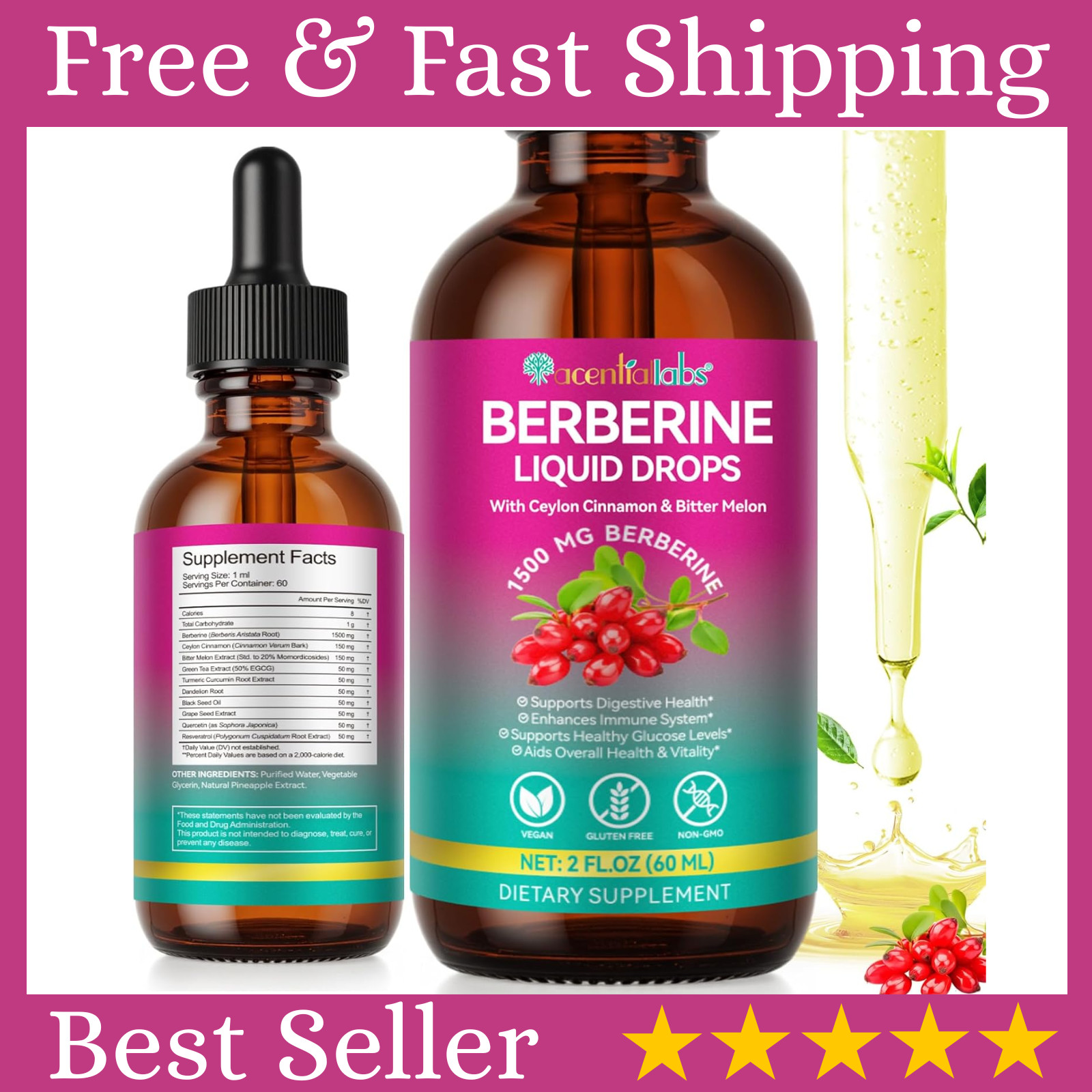 Berberine with Ceylon Cinnamon Supplement Liquid Drops 60ml, Immune Support…