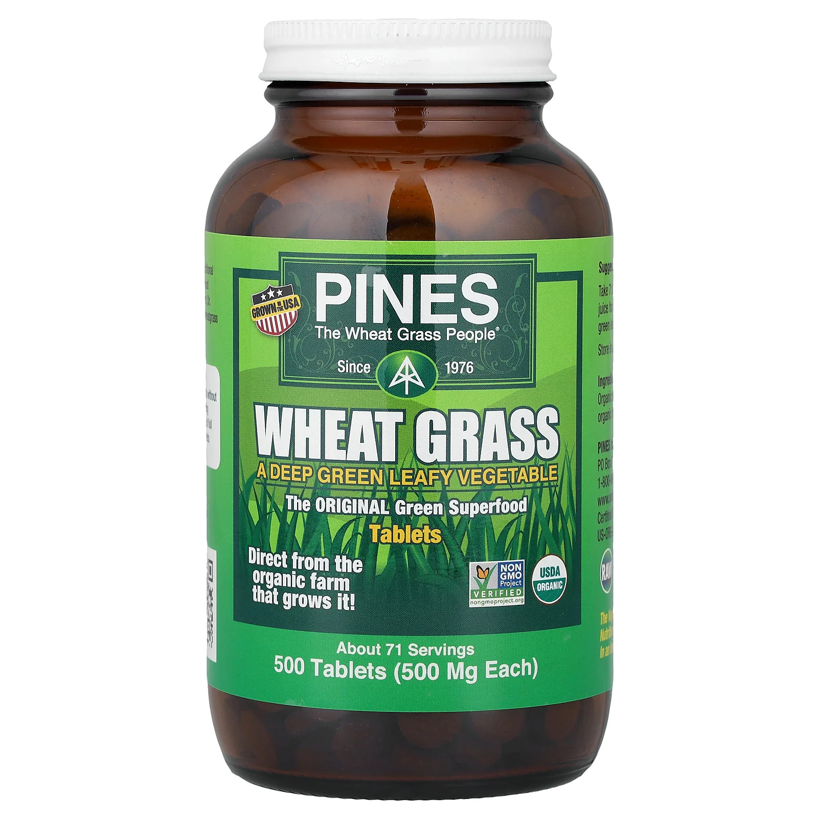 Pines International Organic Wheat Grass 500 mg 500 Tablets Gluten-Free, Non-GMO,