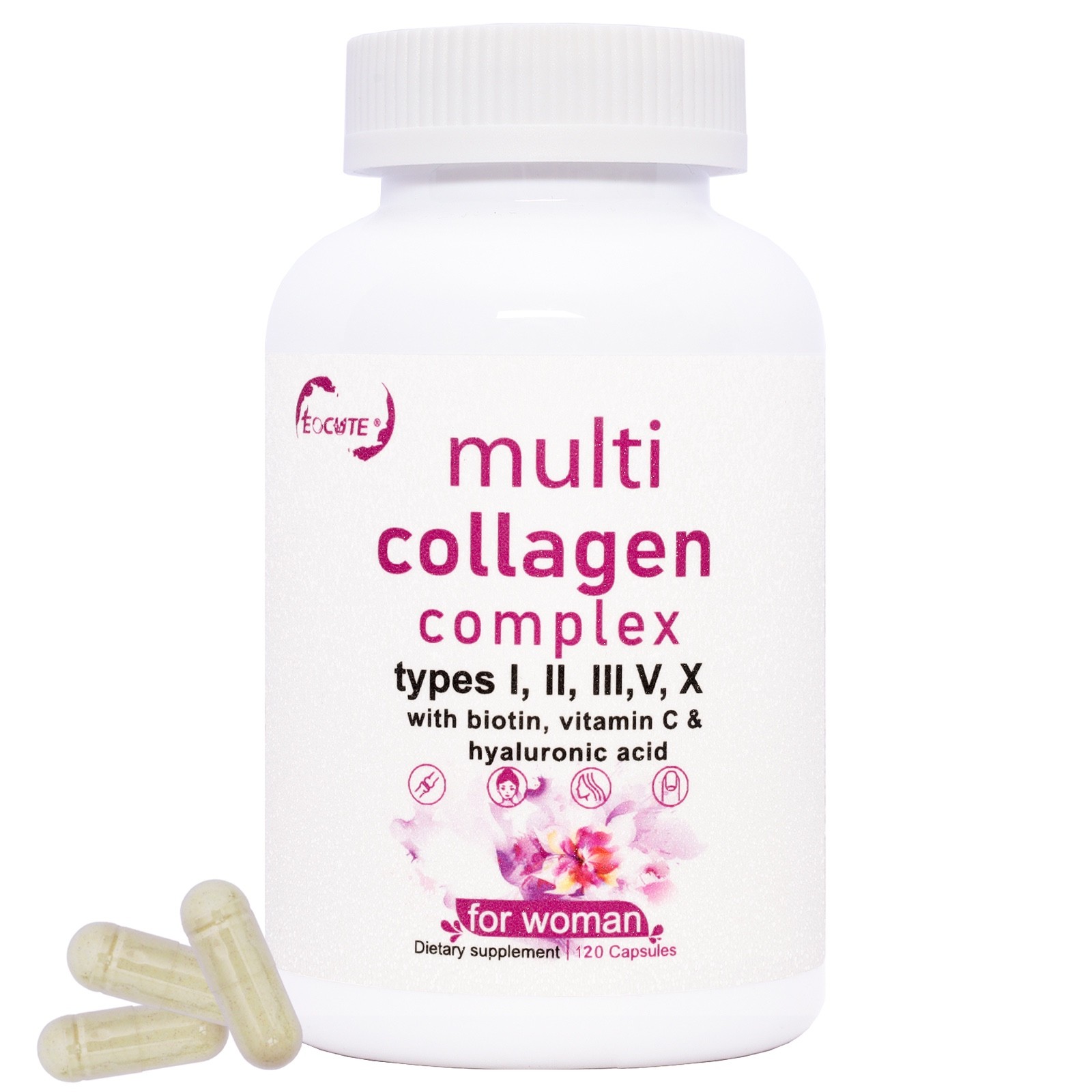 Multi Collagen 120 Capsule Supplement for Women Men Type I, II, III, V, X US