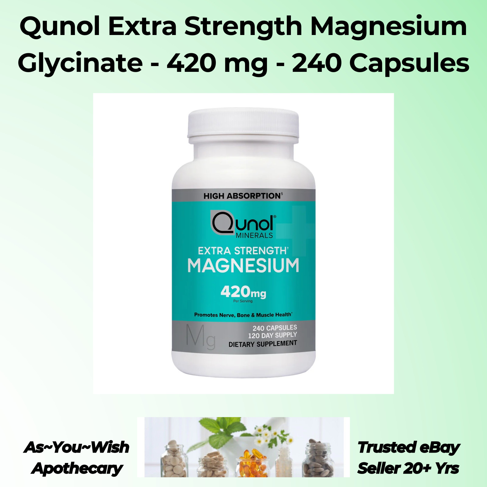 Qunol Extra Strength Magnesium Glycinate 420 mg – 240 Capsules – Exp 01/27 – USA