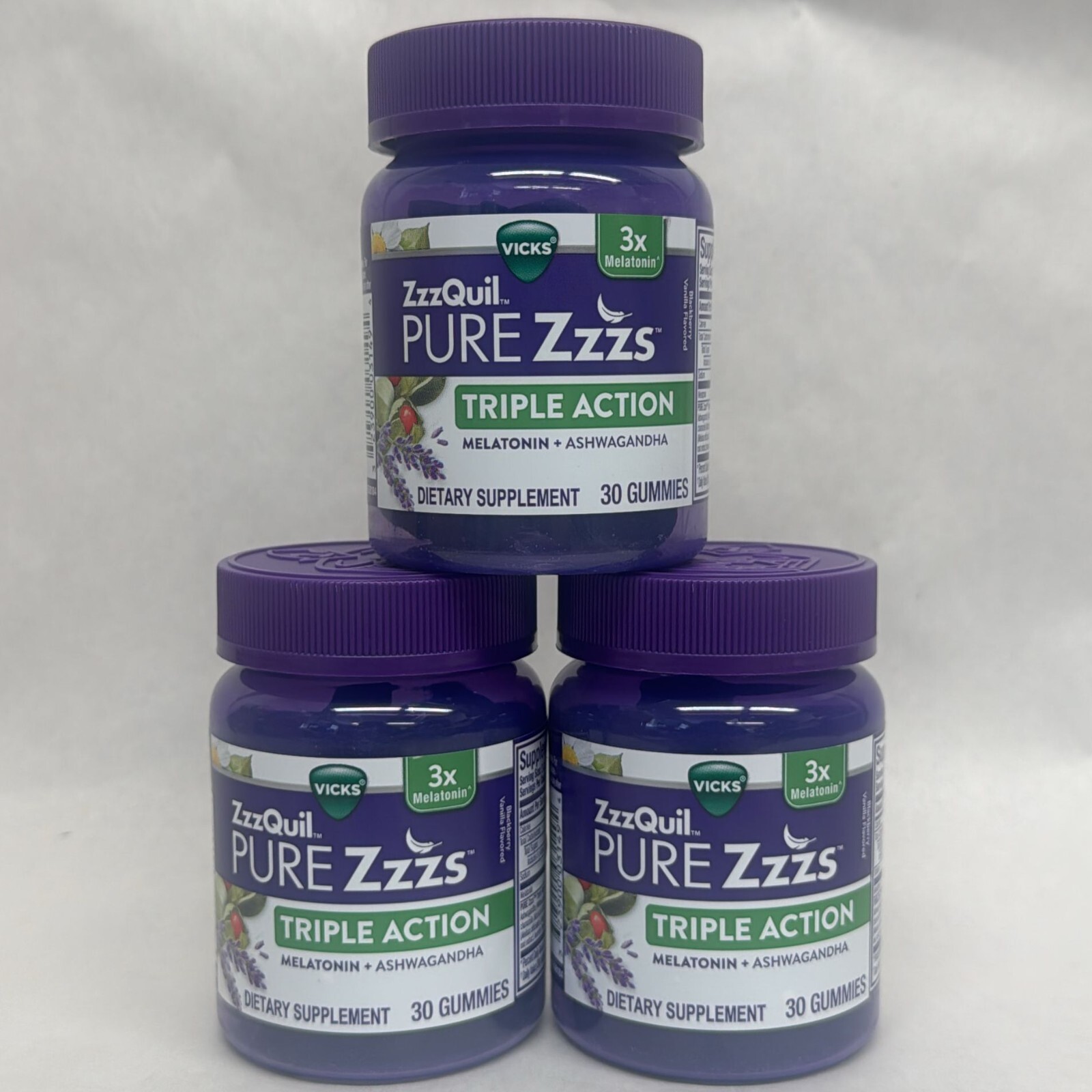 Vicks ZzzQuil Pure Zzzs Triple Action Melatonin + Ashwagandha 30ct (90ct Total)