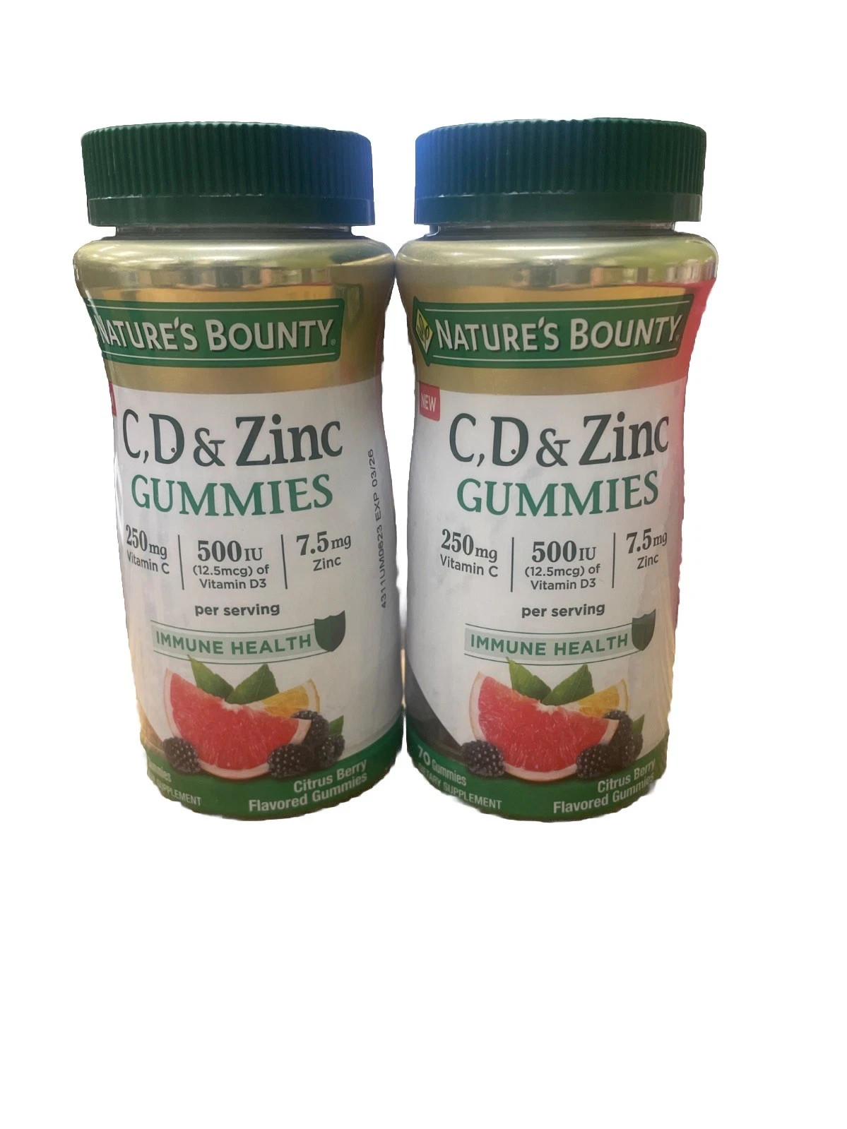 Immune Health Gummy Citrus Berry W/ Vitamins C D3 and Zinc 70 Count Each Bottle