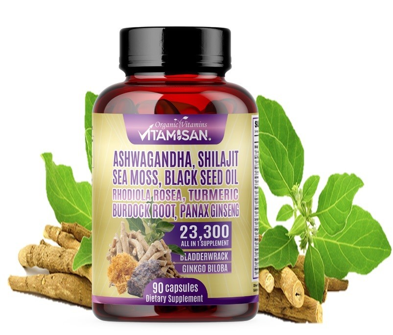Ashwagandha Root Herbal 23300 Supplement 90 Capsules Organic vitamins Vitamisan