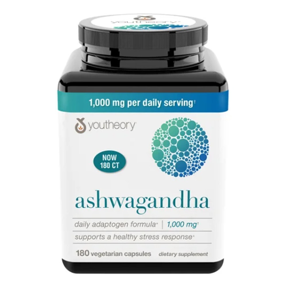 youtheory Ashwagandha 1000 mg, 180 Vegetarian Capsules Exp: 12/26