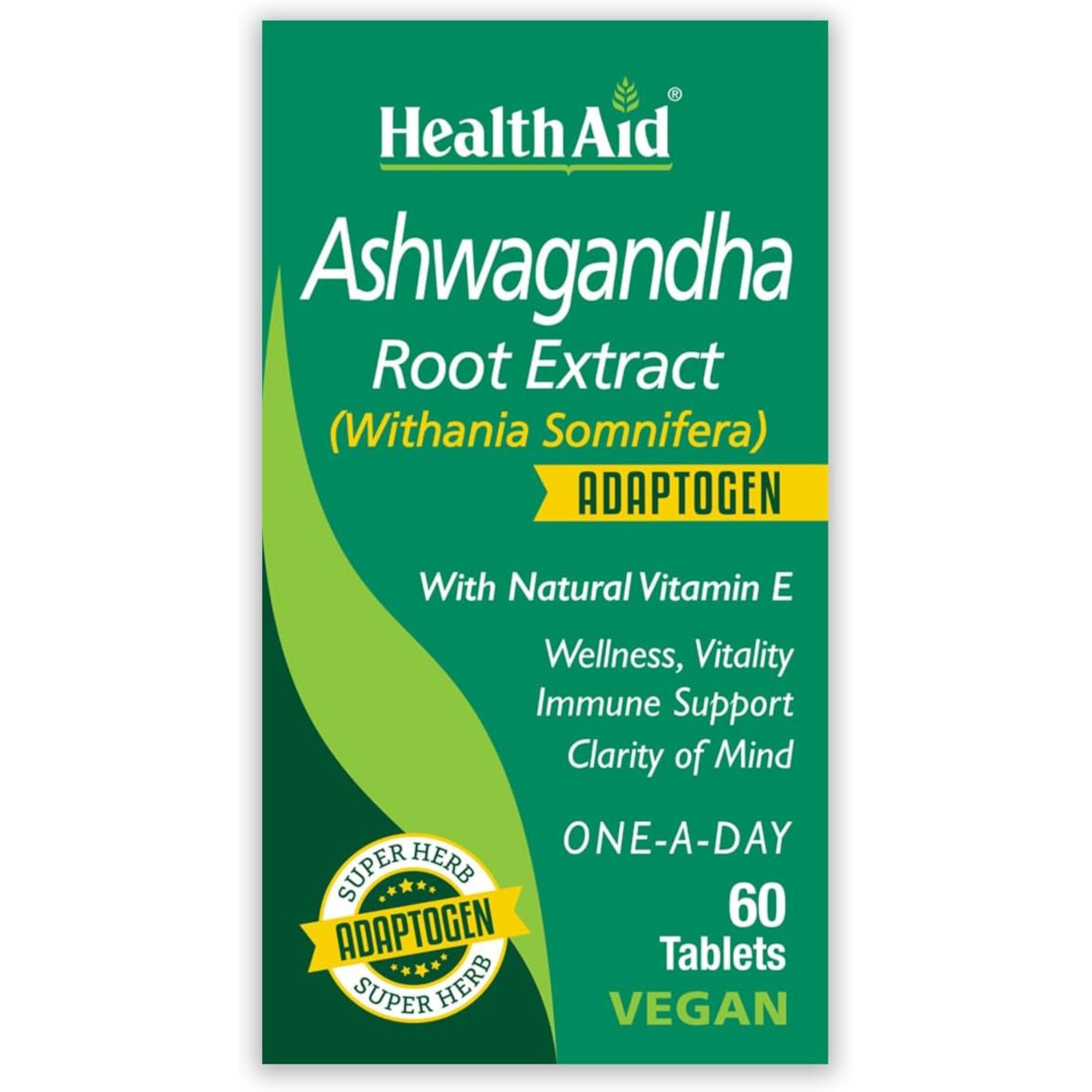 HealthAid Ashwagandha 350?mg Root Extract w/Vitamin E, 60 Vegan Tablets
