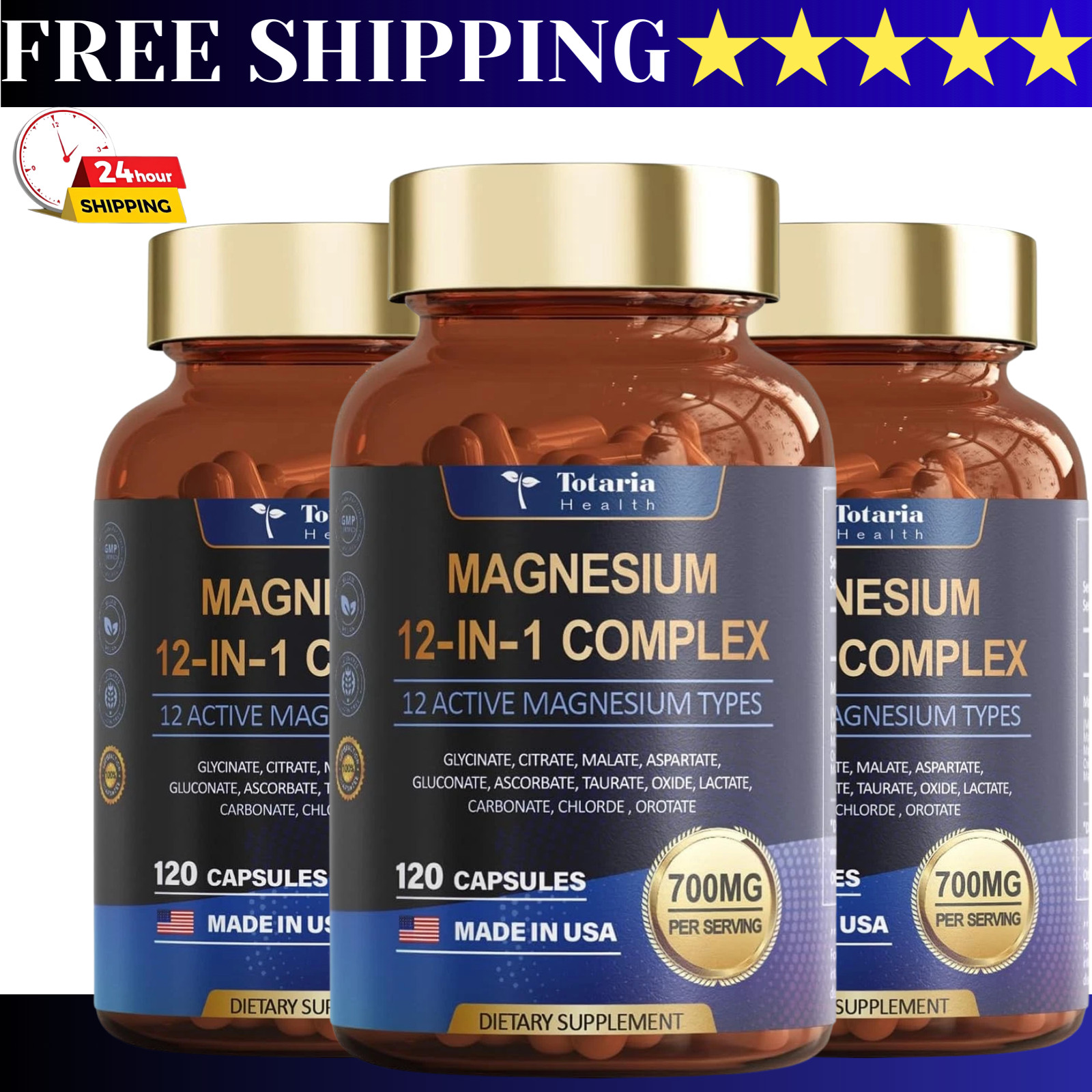 Magnesium 12 in 1 Complex 700mg -Dietary Supplement 120 capsules (Pack of 3) USA