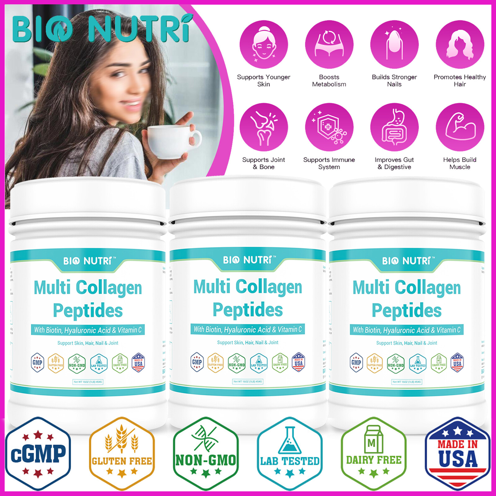 BIO NUTRI Multi Collagen Peptides Powder Type I,II,III,V,X Skin Care Anti-Aging