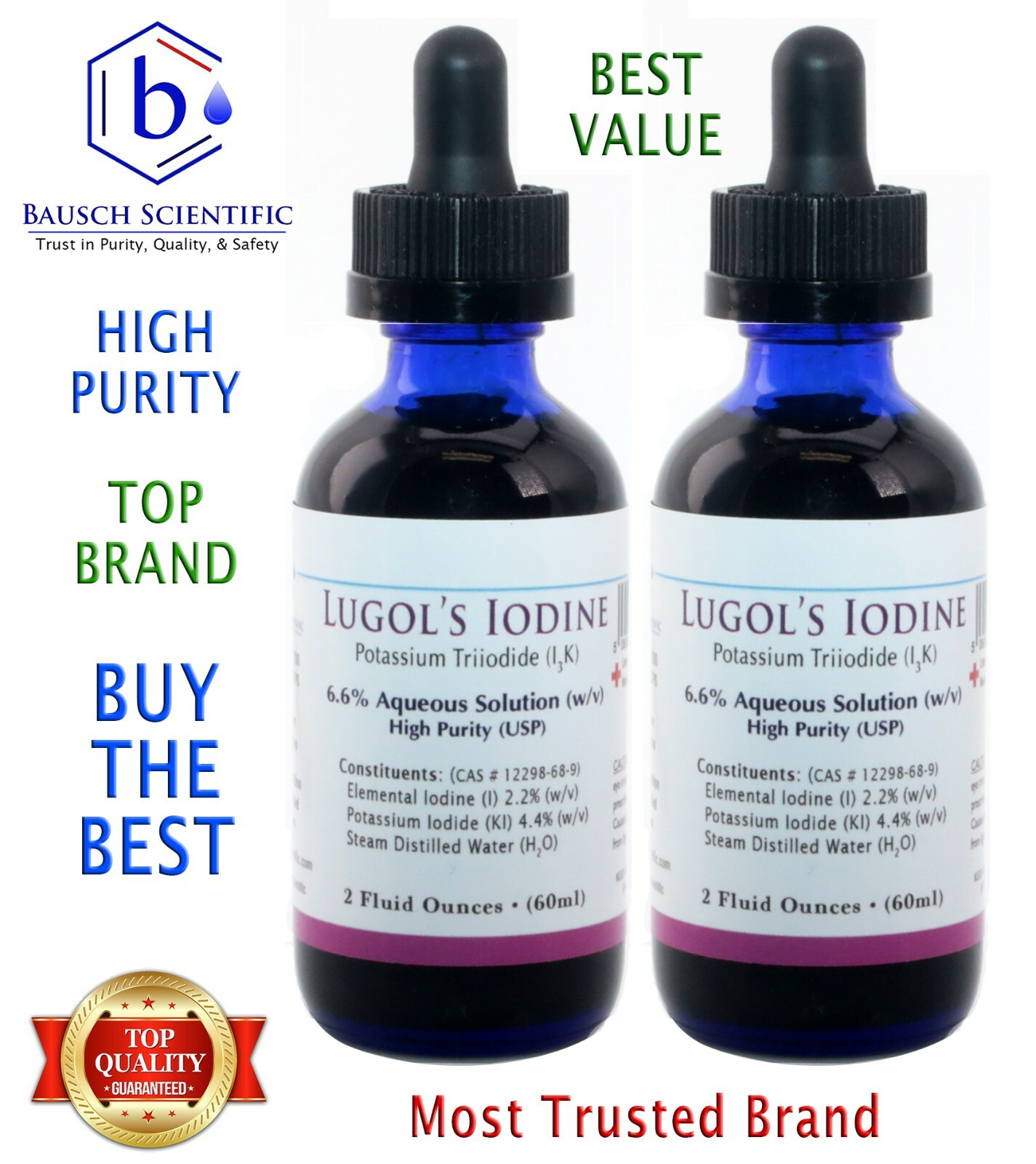 BAUSCH SCIENTIFIC Lugols Solution of Iodine 2% 2oz Economy Pack Twin Pack = 4 oz