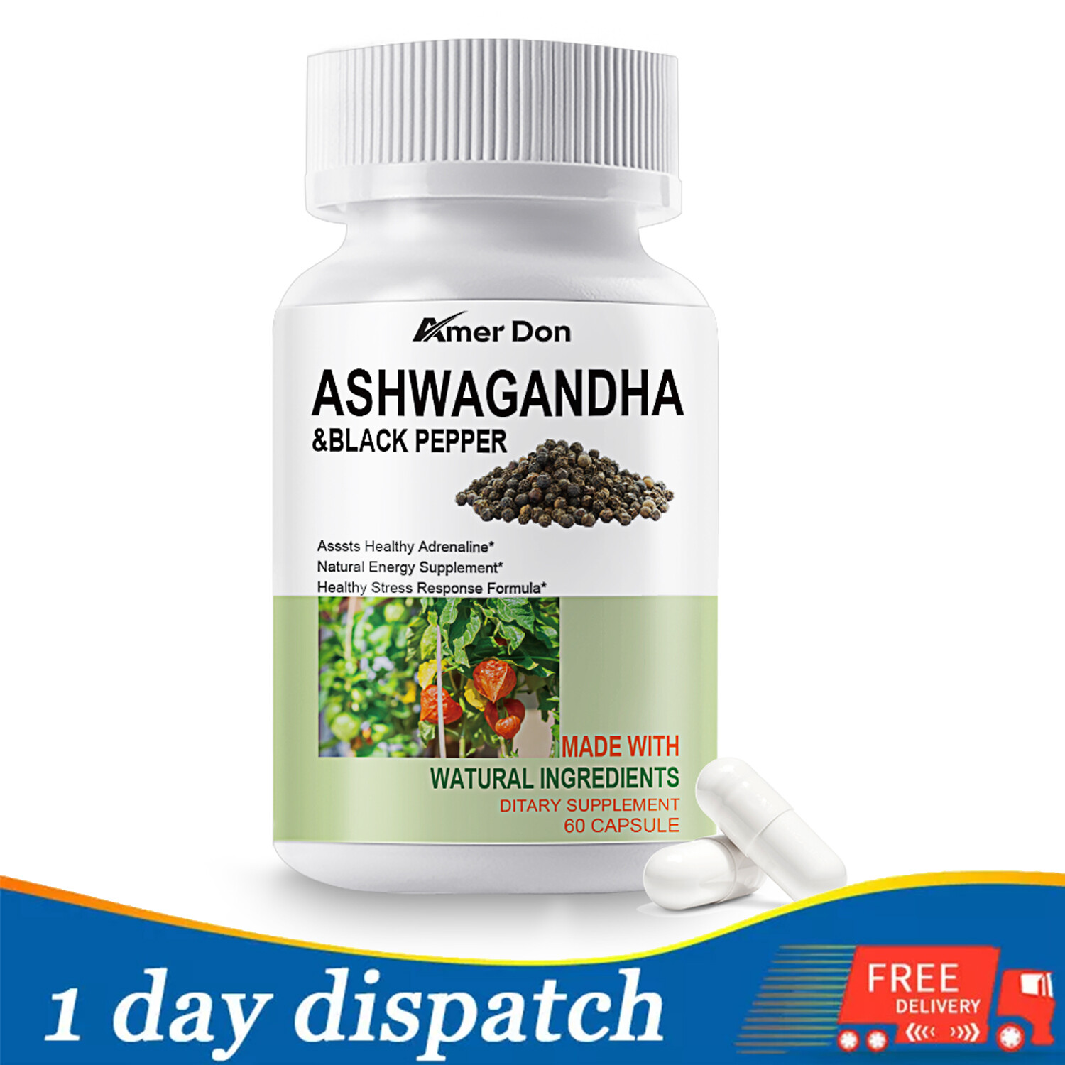 Organic Ashwagandha Capsules 1300MG with Black Pepper Root Powder 60 Capsules