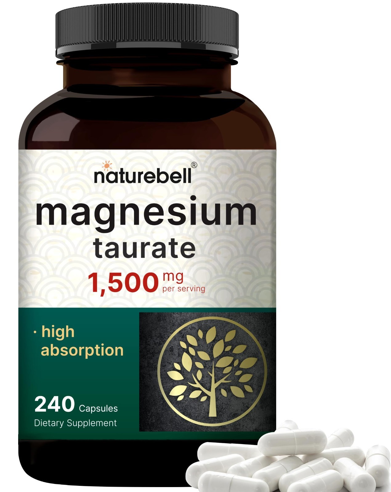 NatureBell Magnesium Taurate 1,500Mg, 240 Capsules, Heart & Nervous Supplement