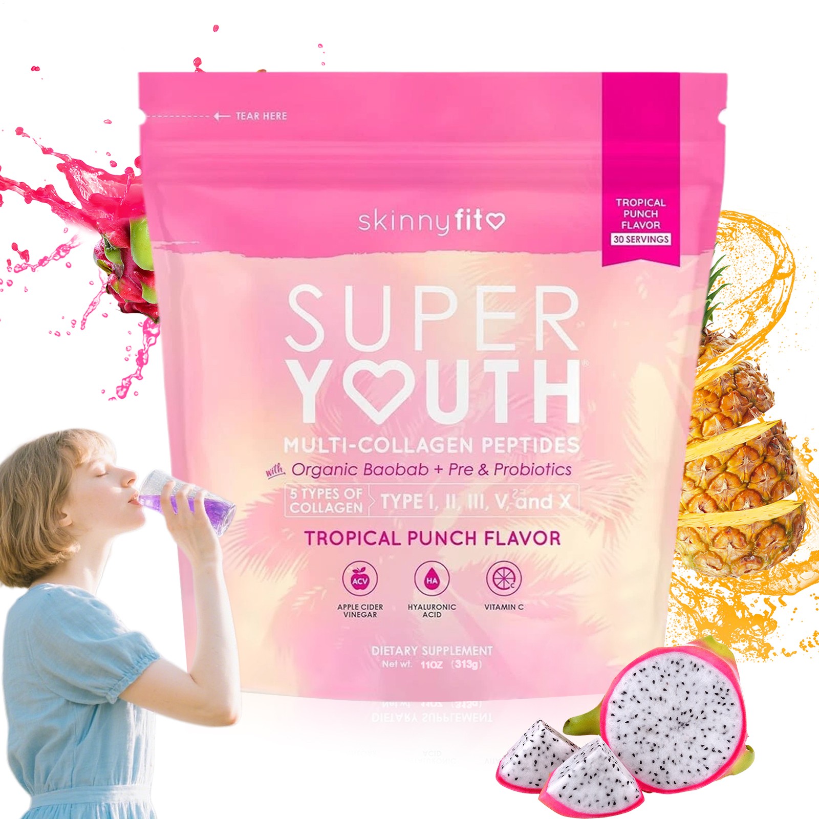 SkinnyFit Super Youth Multi-Collagen Peptides Tropical Punch
