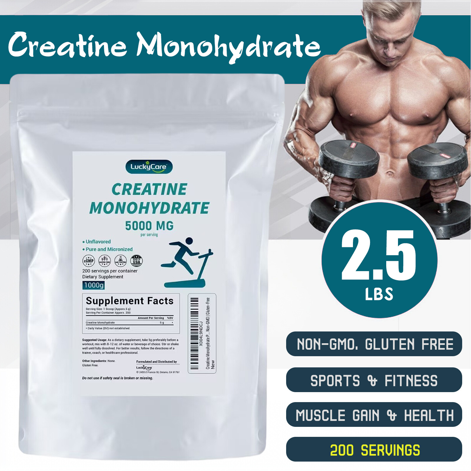Creatine Monohydrate Powder 1000g NON-GMO 100% Pure Creatine Powder 200 Servings