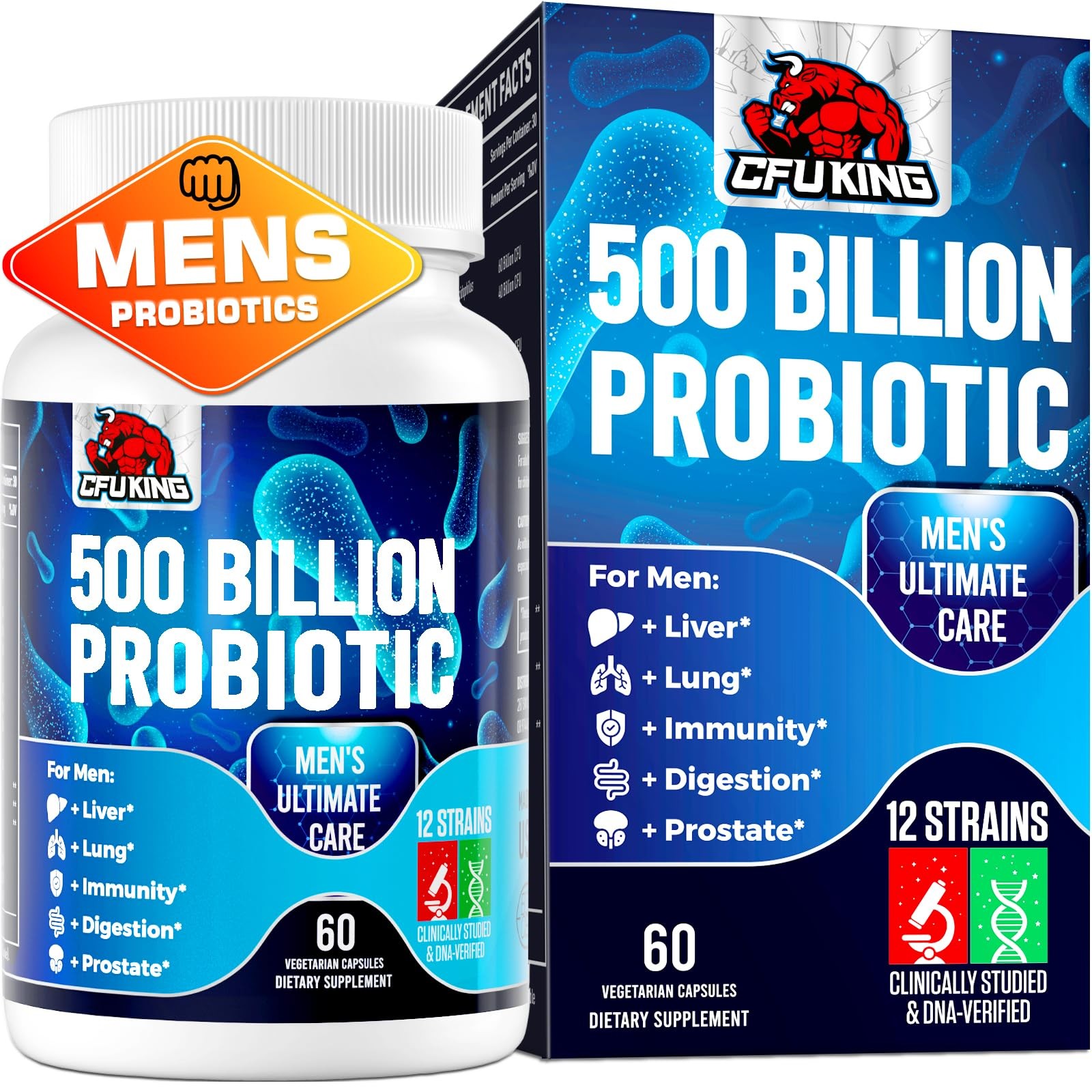 CFUKING Mens Probiotic 500 Billion CFUs for Gut Health 60 Count Capsules