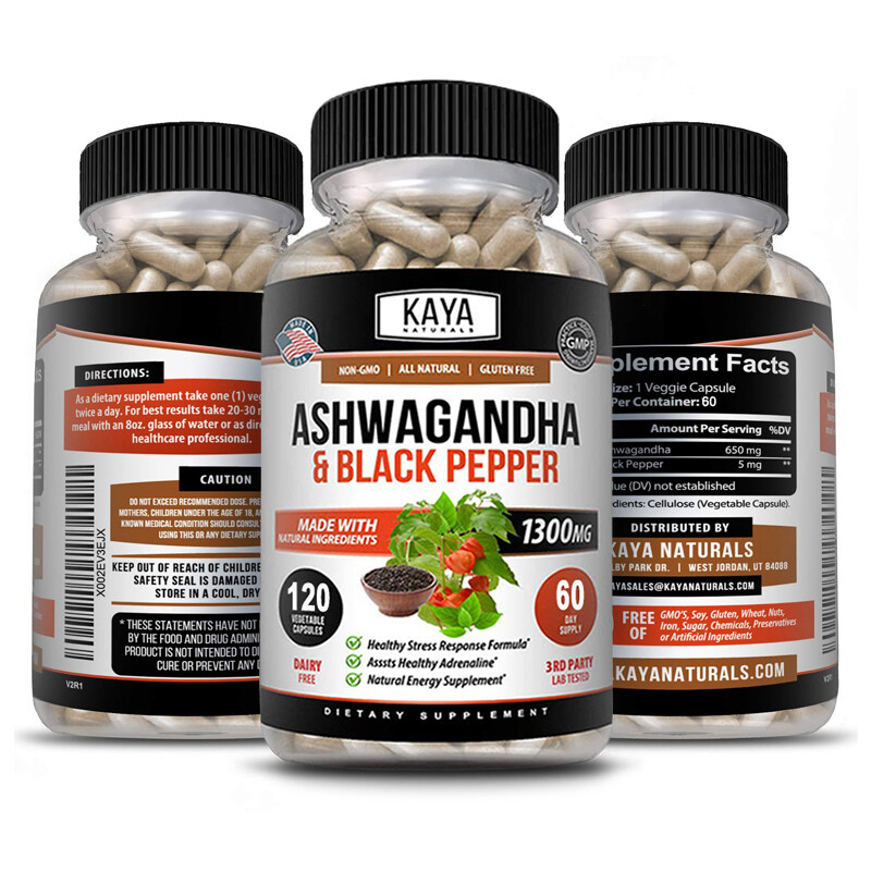Organic Ashwagandha Capsules 1300mg Supplement w/ Black Pepper Root Powder