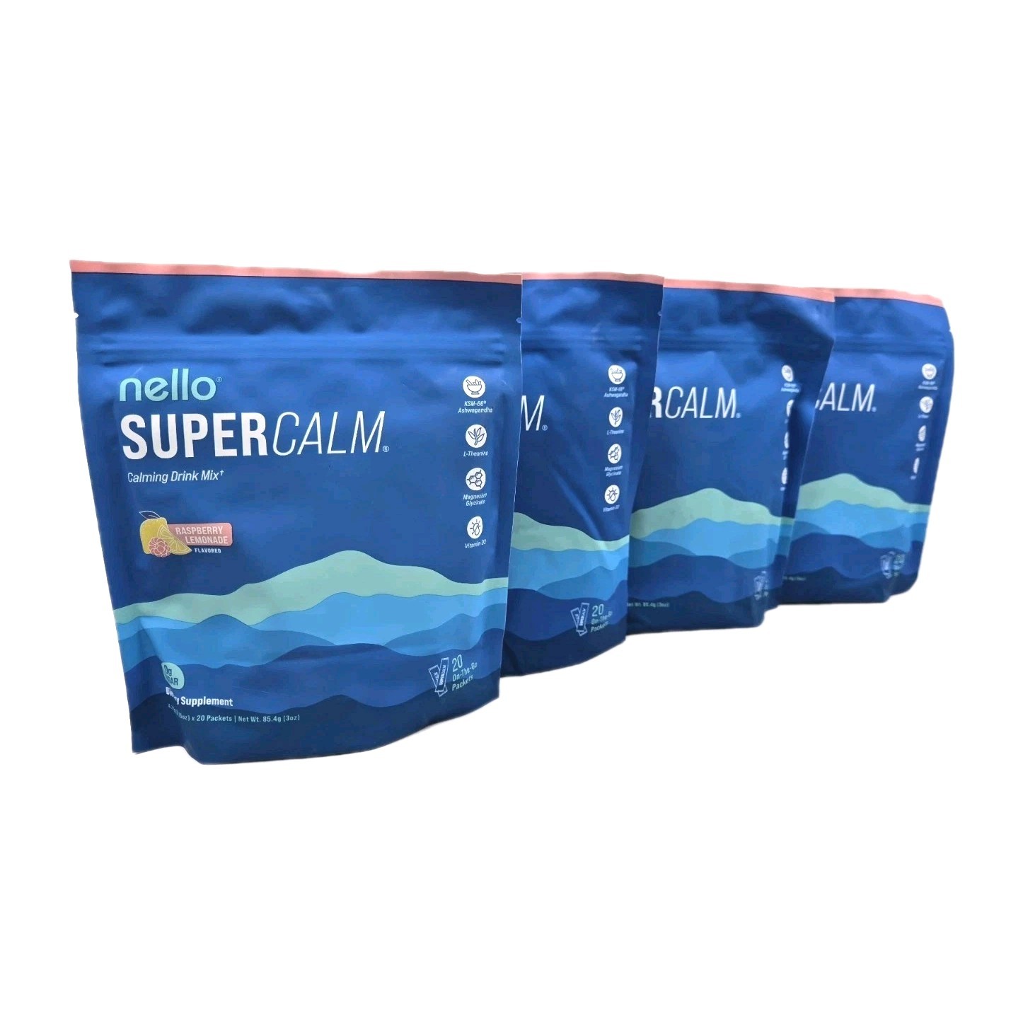 4-Pack Nello Supercalm Powdered Calming Drink Mix Raspberry Lemonade BB 11/2026+