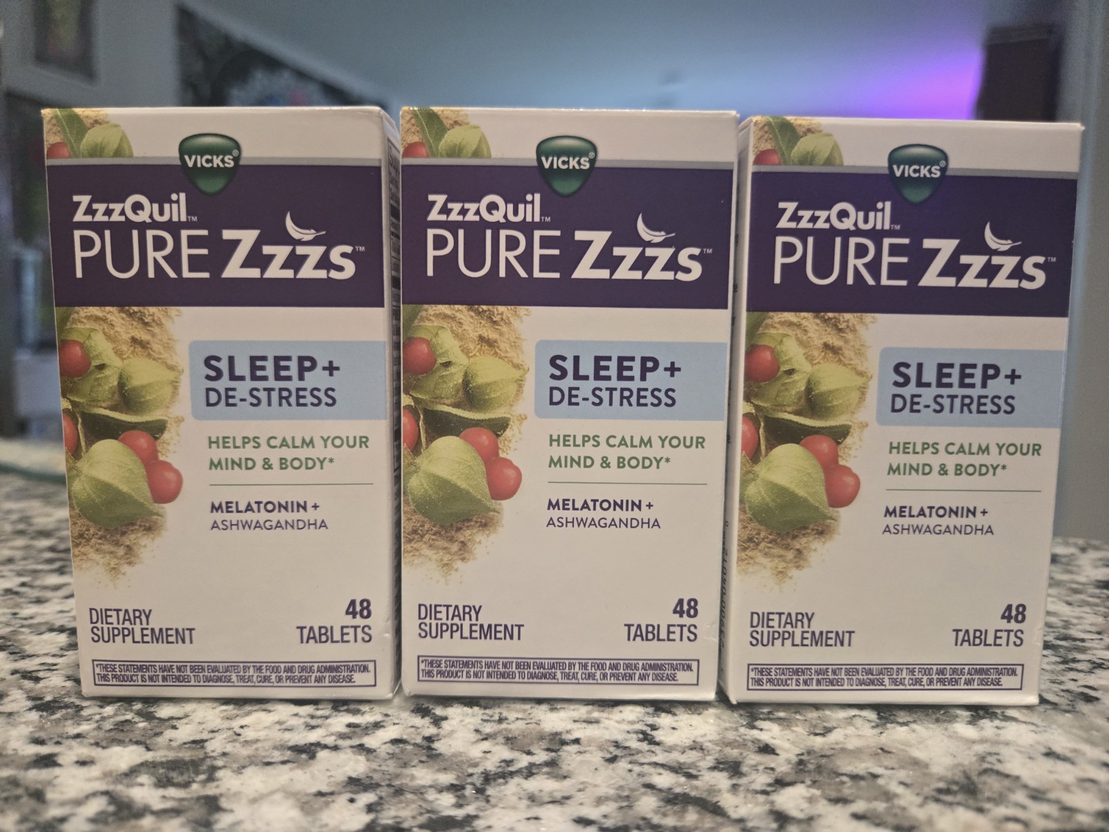 3 Vicks ZzzQuil Pure ZZZs MELATONIN SLEEP + DE-STRESS Ashwagandha 144 Tablets