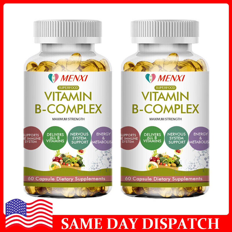 2 Bottles Vitamin B Complex Caps B1,B2,B3,B5,B6,B7,B9,B12, Immune Support Pills