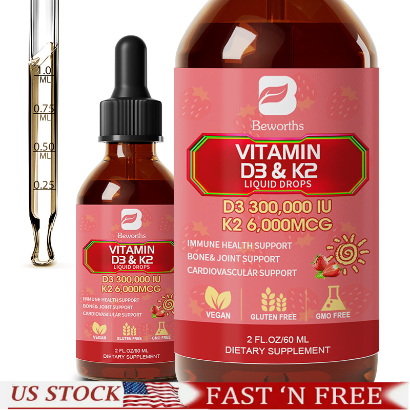 2 in 1 Vitamin D3 K2 Liquid Supplements Drop 300000IU VIT D3 6000 K2 60ML