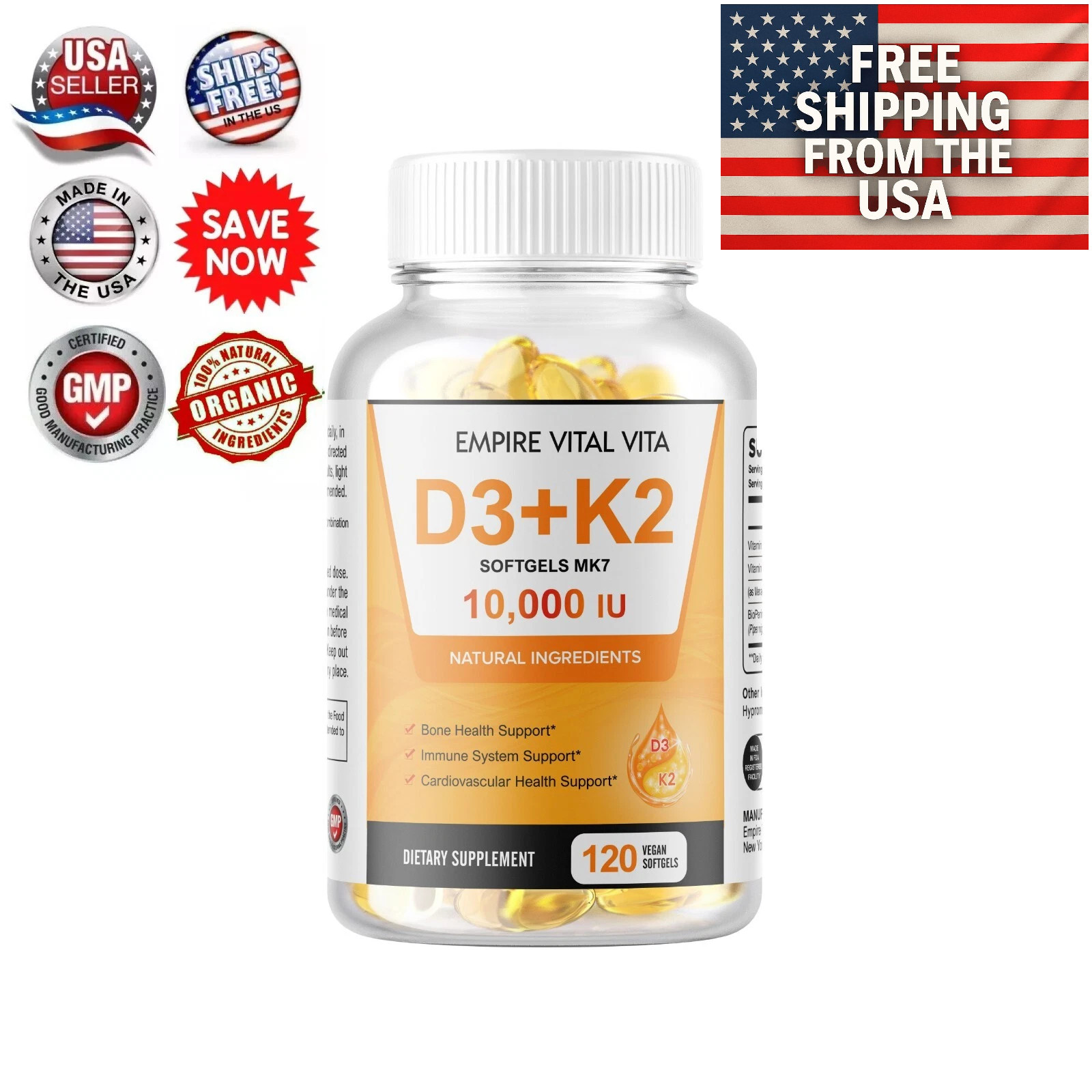 Vitamin K2 (MK7) with D3 10,000 IU Supplement, BioPerine Softgels, Immune Health