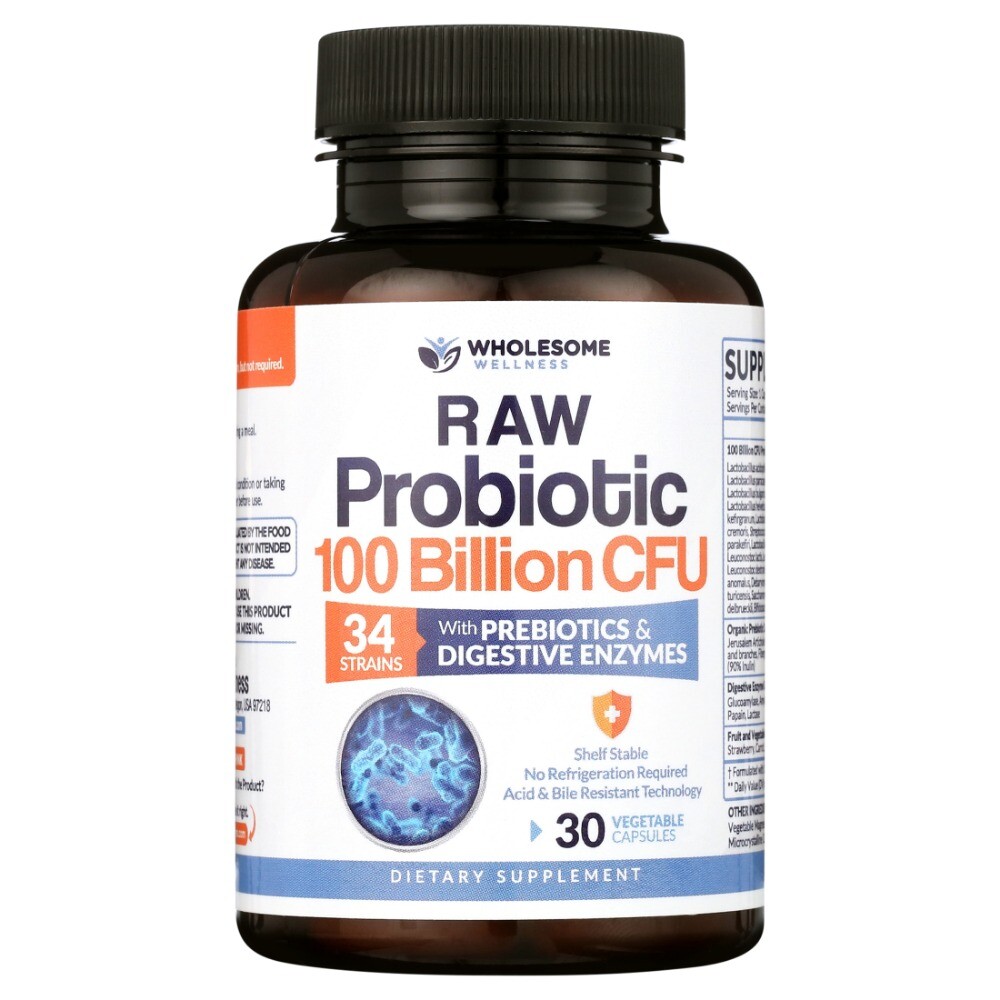 Wholesome Wellness Raw Probiotic Digestive Enzymes 100 Billion CFU 30 Capsules