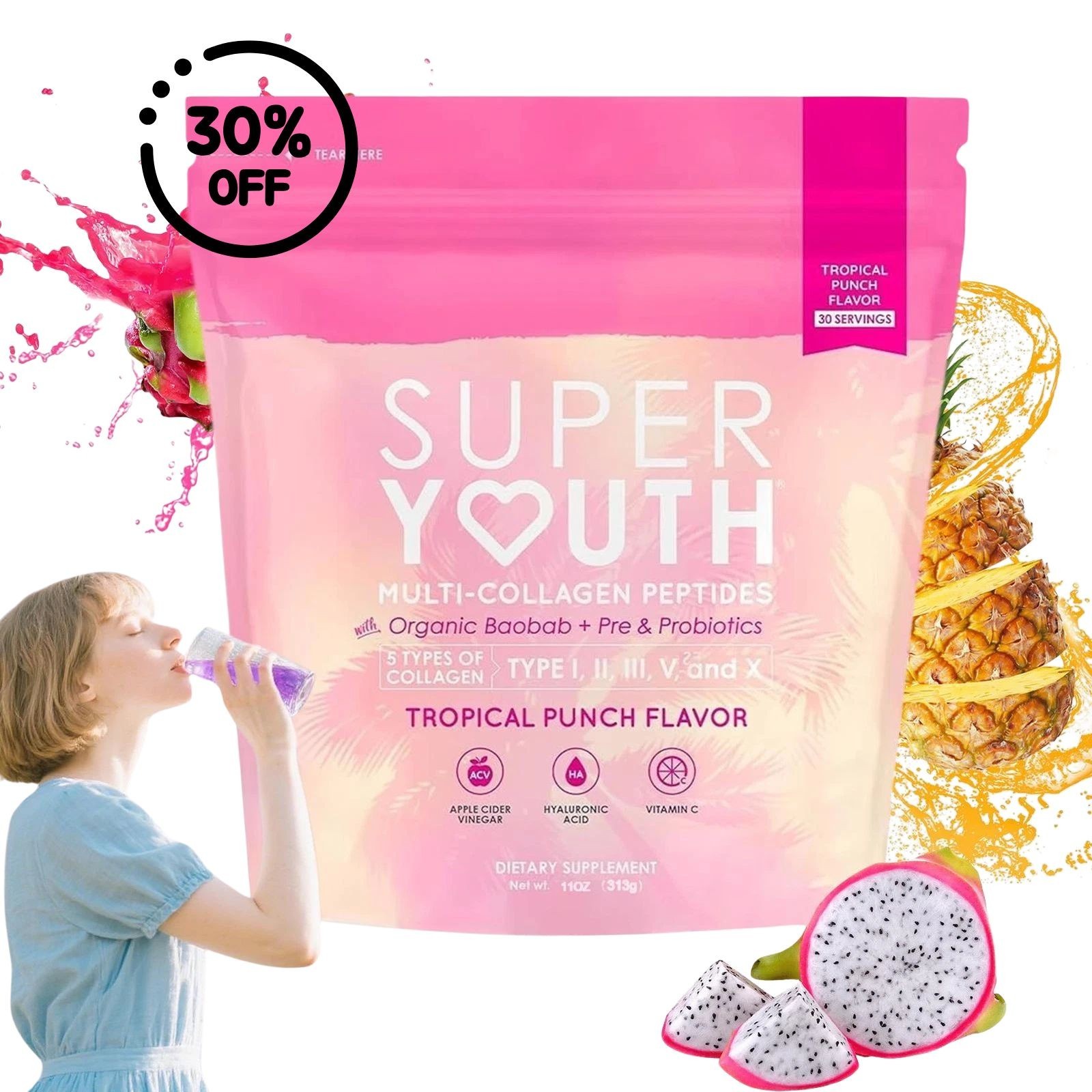 Skinny Fit Super Youth Collagen Peptides SkinnyFit Tropical Punch Flavor US