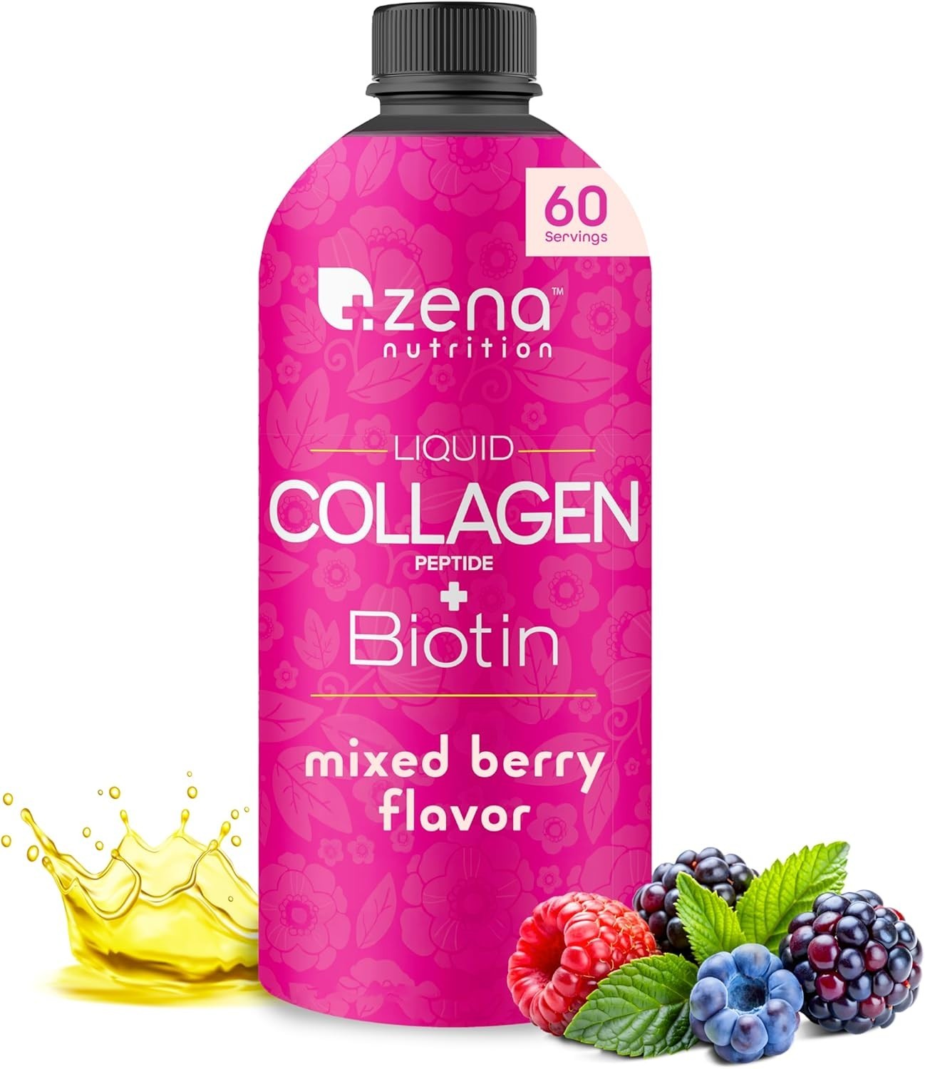 Zena Nutrition Liquid Collagen Peptides and Biotin, Mixed Berry, 60 Servings