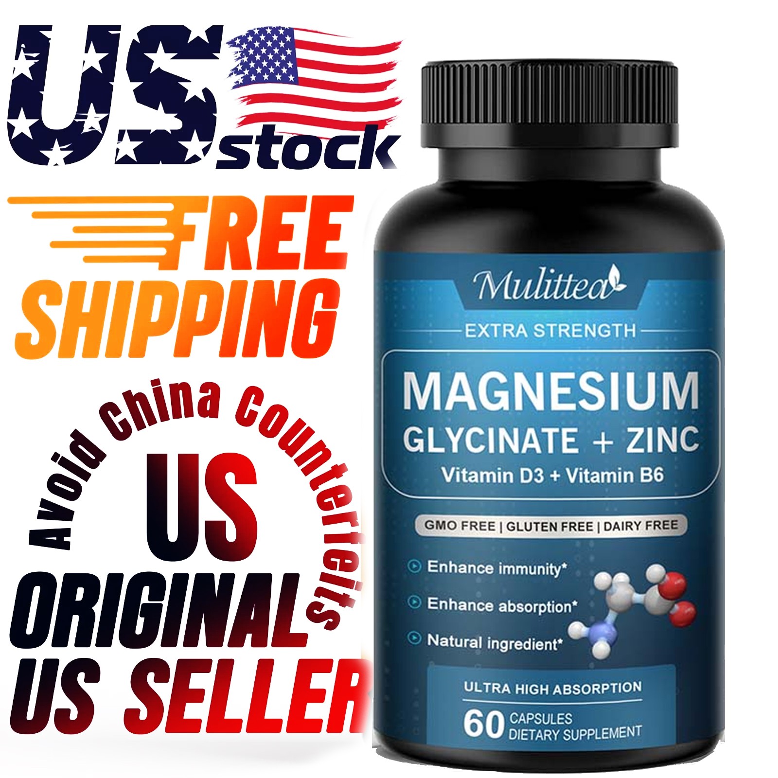 500MG Magnesium Glycinate With Zinc,D3 Improved Sleep, Stress , Anxiety Relief