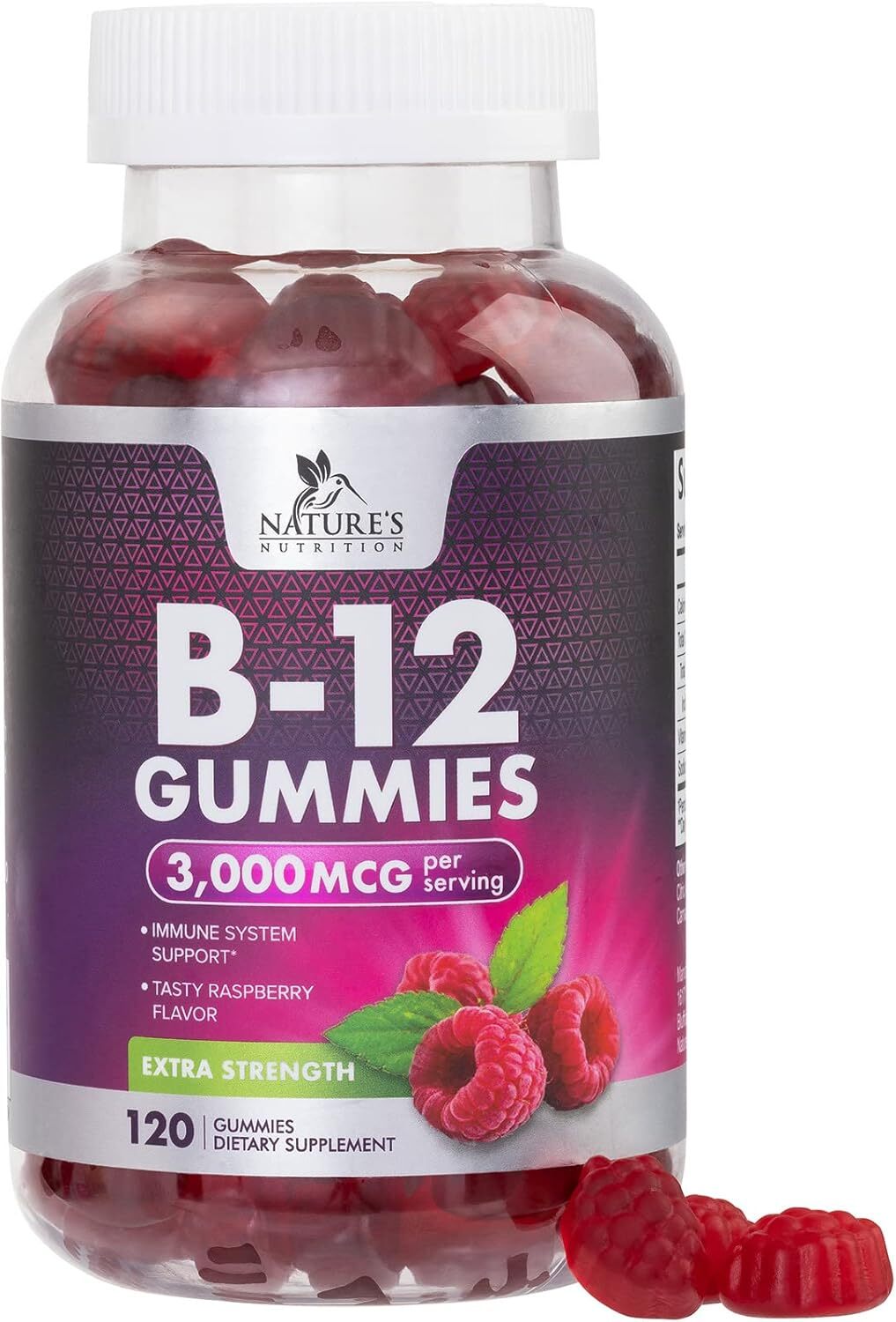 Vitamin B12 Gummies 3000mcg, Extra Strength B-12 Energy  – Raspberry flavor