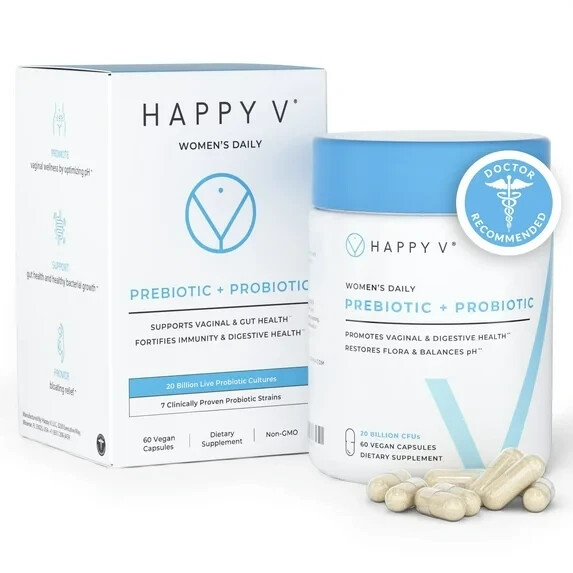 Happy V Vaginal Probiotics + Prebiotic Fiber – pH Balance & BV Support – 30 Caps