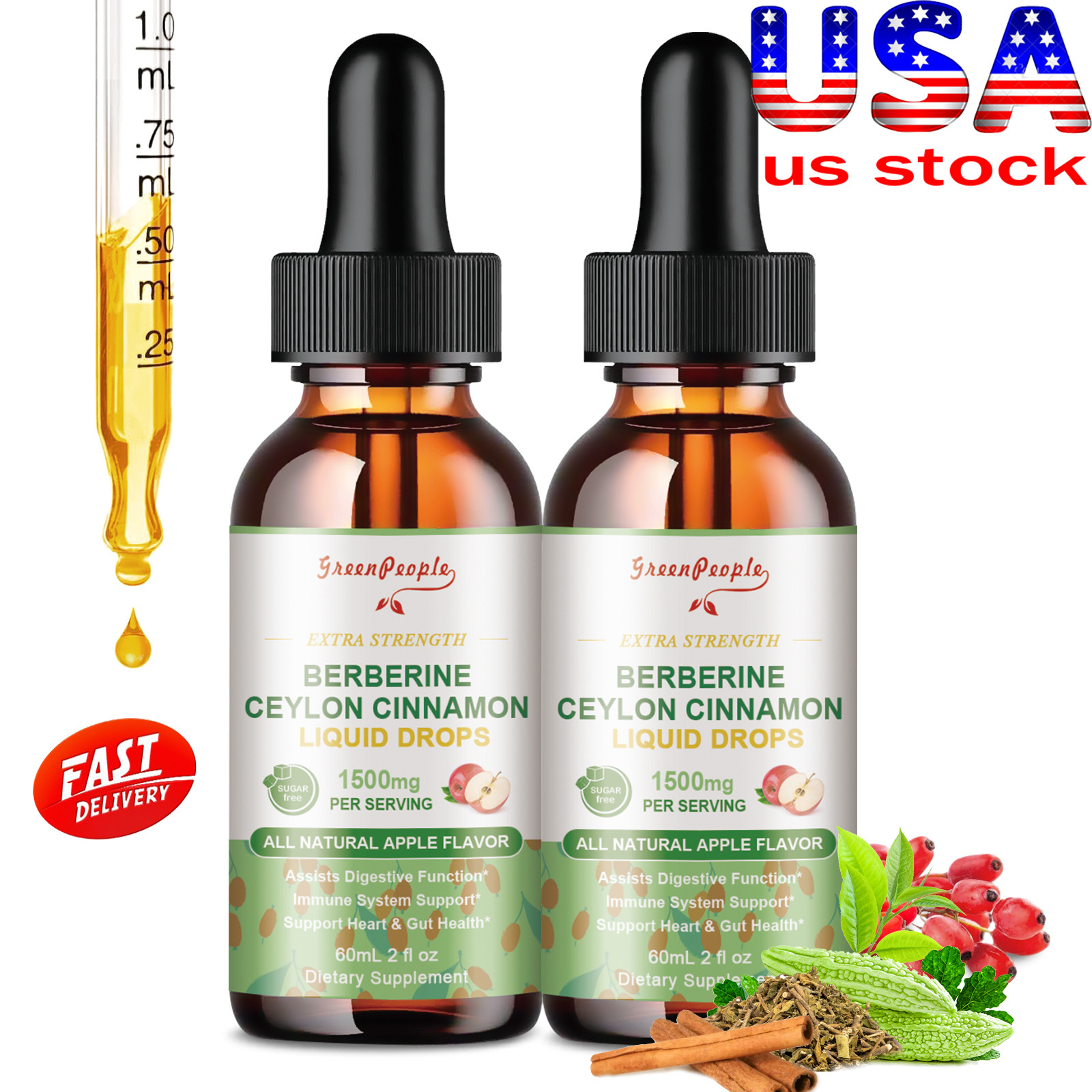 2×60ml Berberine Ceylon Cinnamon Liquid Drops 1500mg PER SERVING