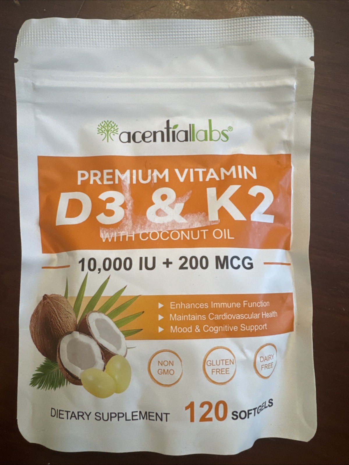Acential Labs Vitamin D3 K2 Supplement, 10000 IU VIT D3 + 200 MCG K2 (MK-7)
