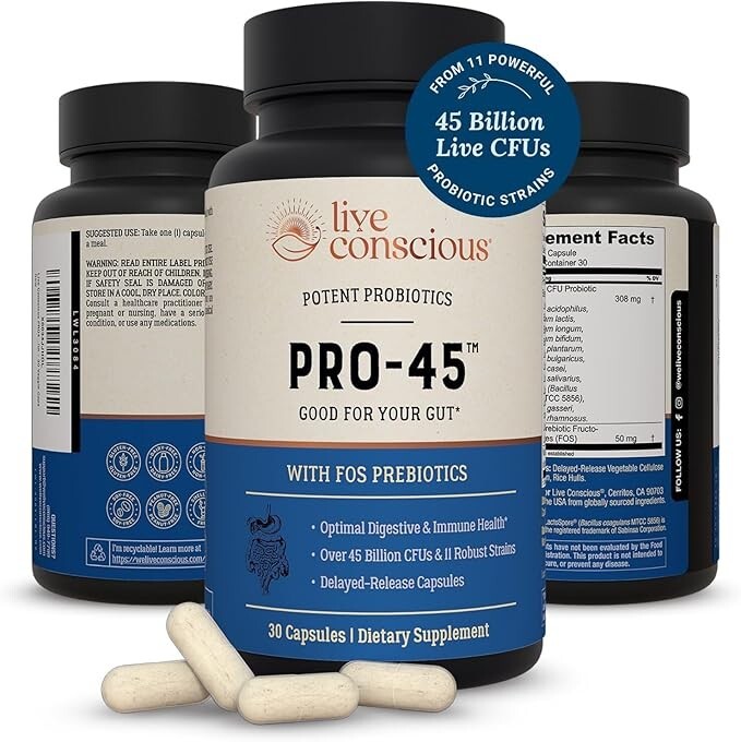 Live Conscious PRO-45 Probiotics 45B CFU, 11 Strains, Prebiotics, 30 Veggie Caps