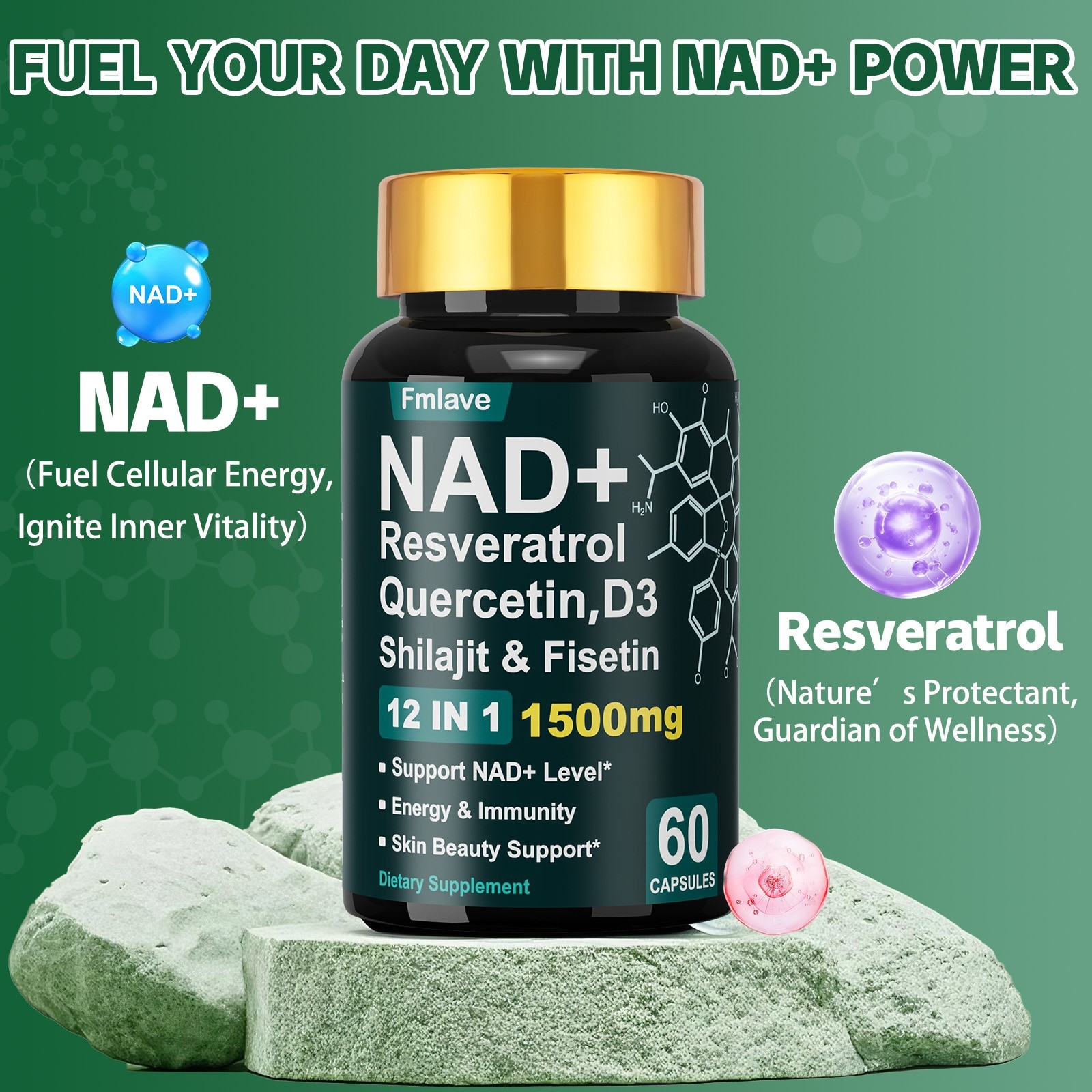 NAD supplement, 1500mg resveratrol containing supplement, 60 capsules USA Ship