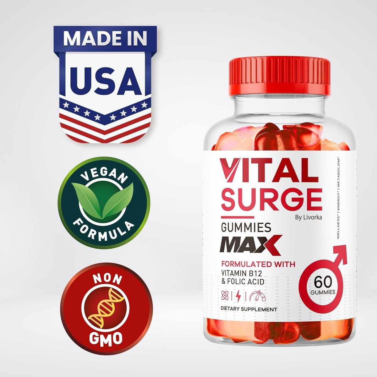 VITAL SURGE GUMMIES MAX FORMULATED WITH VITAMIN B12 & FOLIC ACID, US Shipping