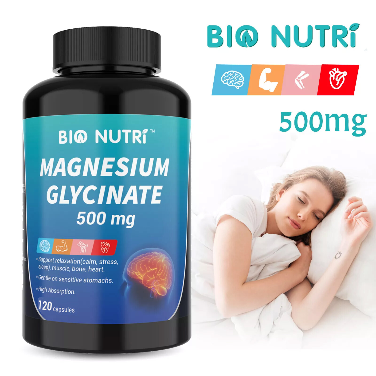 BIO NUTRI Magnesium Glycinate Supplement | 500mg 120 Pills Non-GMO & Gluten Free
